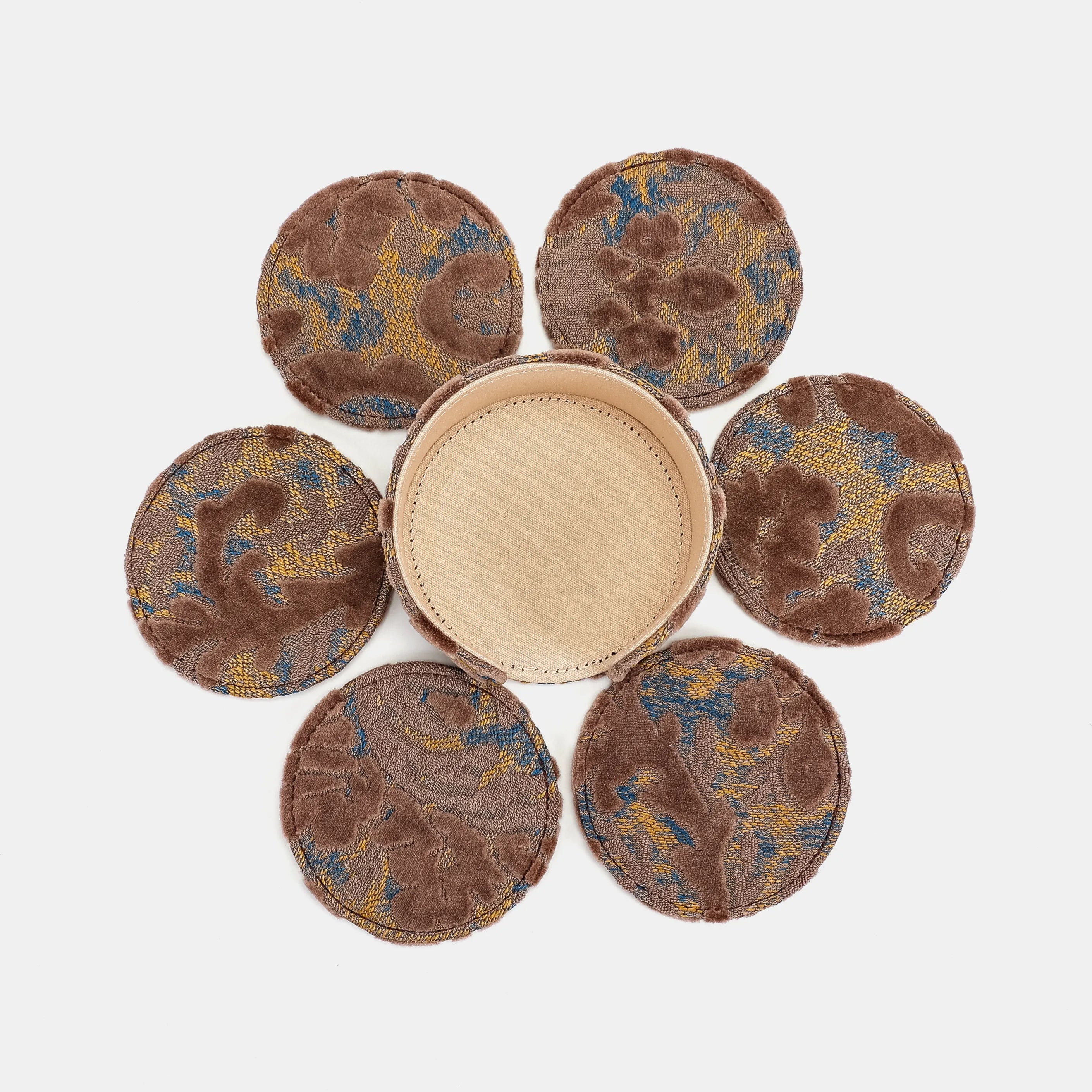 Burnout Velvet Camel Round Coaster Set with Holder of America-6 pcs set