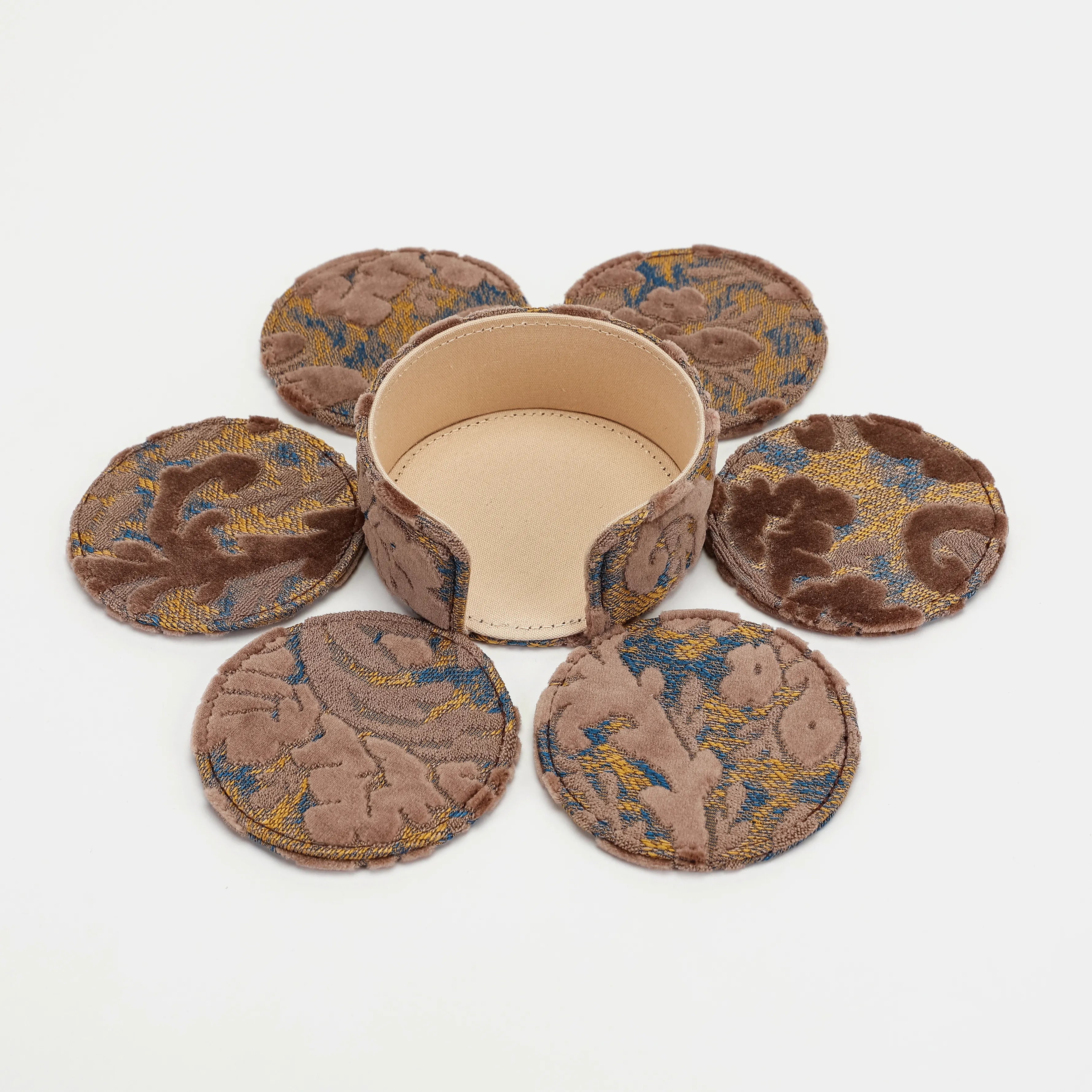Burnout Velvet Camel Round Coaster Set with Holder of America-6 pcs with holder