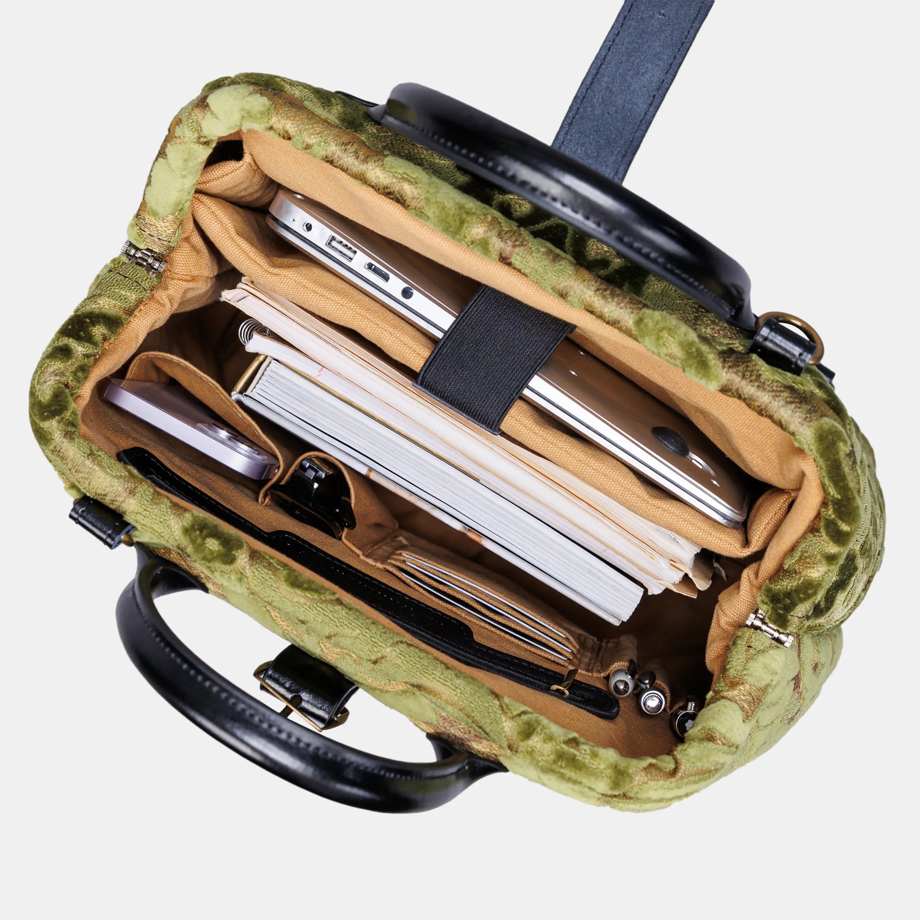Burnout Velvet Fern Green Carpet Laptop Backpack of America inside