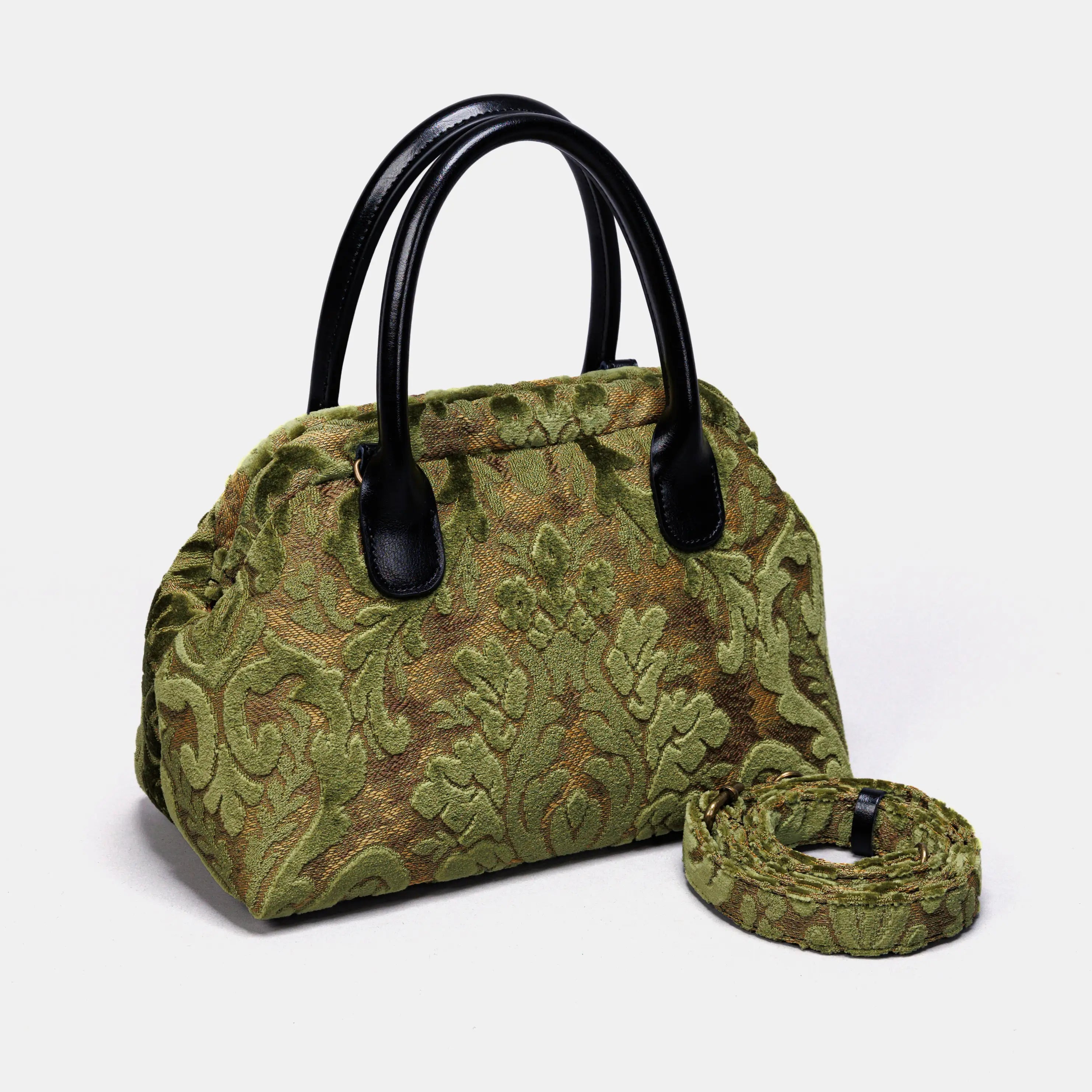 Burnout Velvet Fern Green Carpet Satchel carpet bag MCW Handmade of America with strap