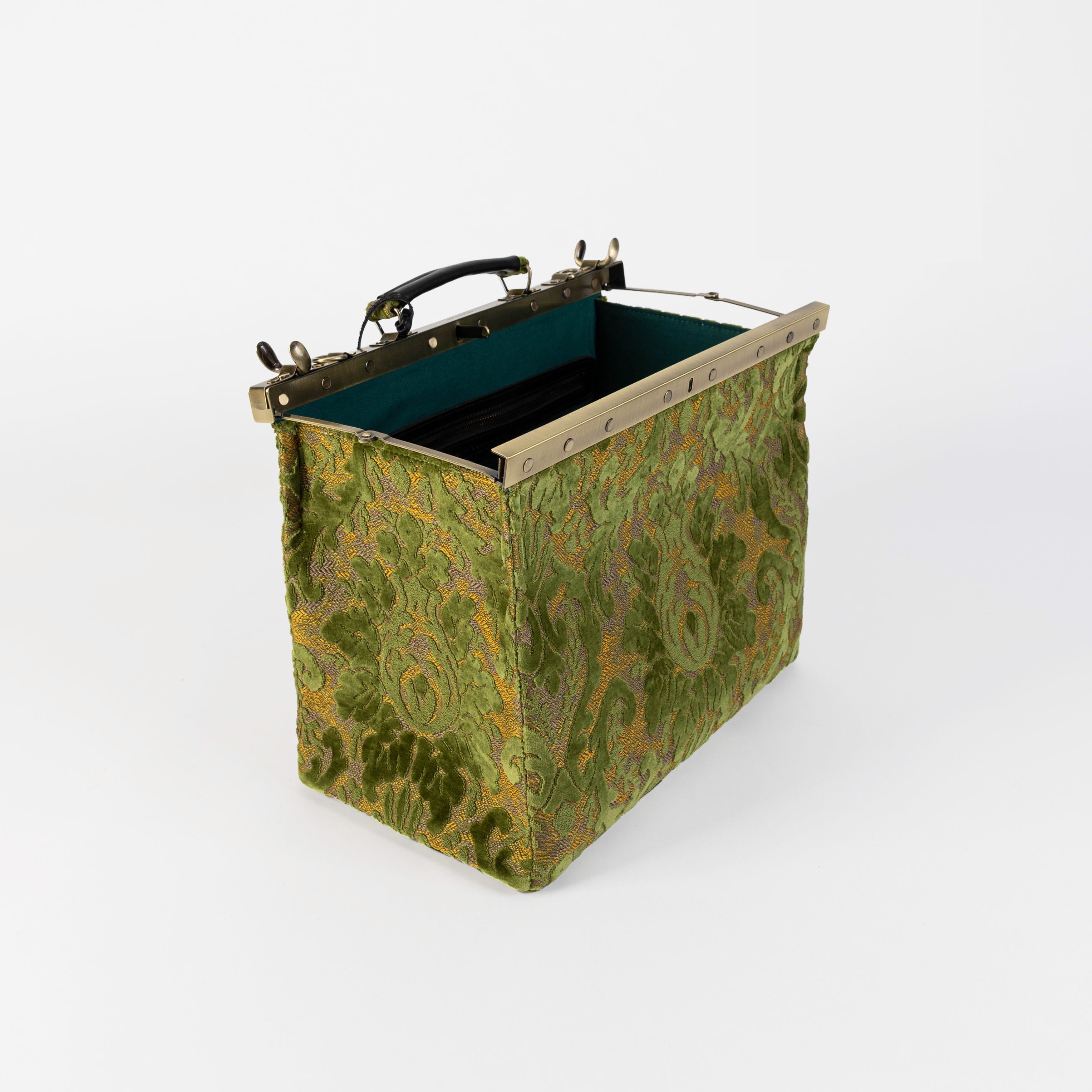 Burnout Velvet Fern Green Celine Carpet Gladstone Bag of America open and stand
