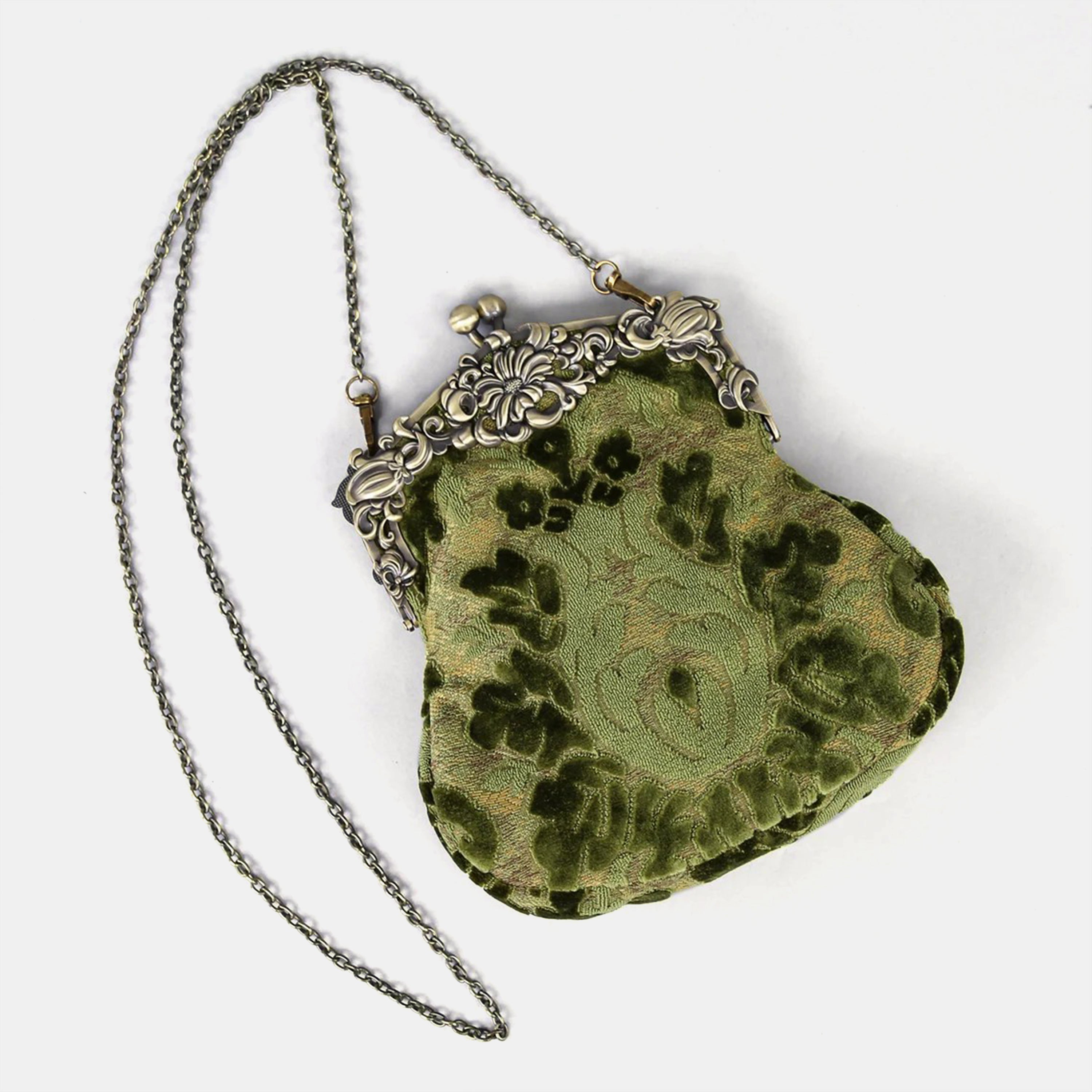 Burnout Velvet Fern Green Chatelaine Purse Large carpet bag of America with long chain