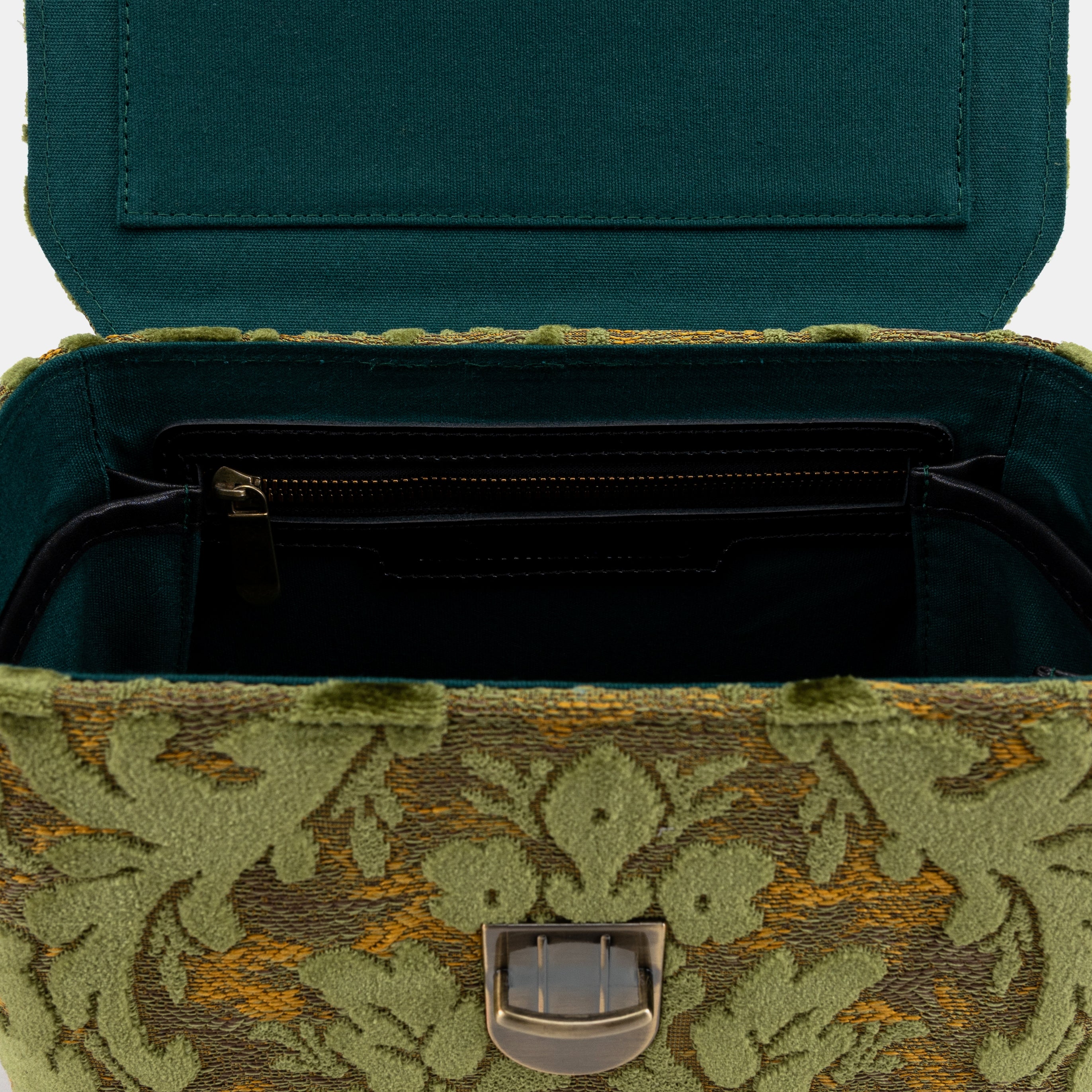 Burnout Velvet Fern Green Clara Medium Train Case Purse of America inside pocket