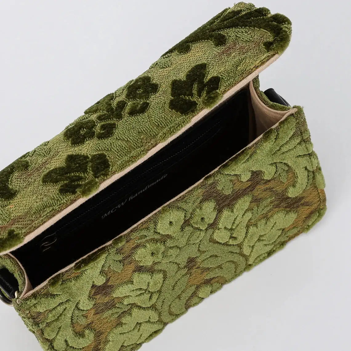 Burnout Velvet Fern Green Flap Crossbody Bag carpet bag of America inside