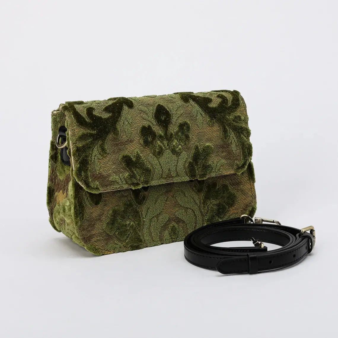 Burnout Velvet Fern Green Flap Crossbody Bag carpet bag of America with shoulder strap