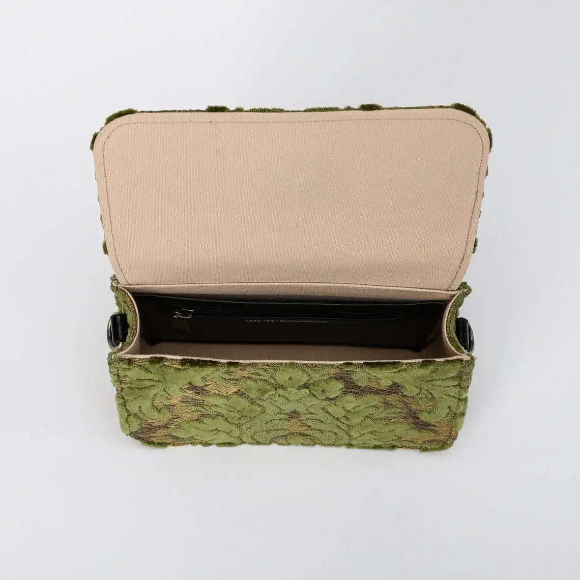 Burnout Velvet Fern Green Flap Crossbody Bag carpet bag of America opening