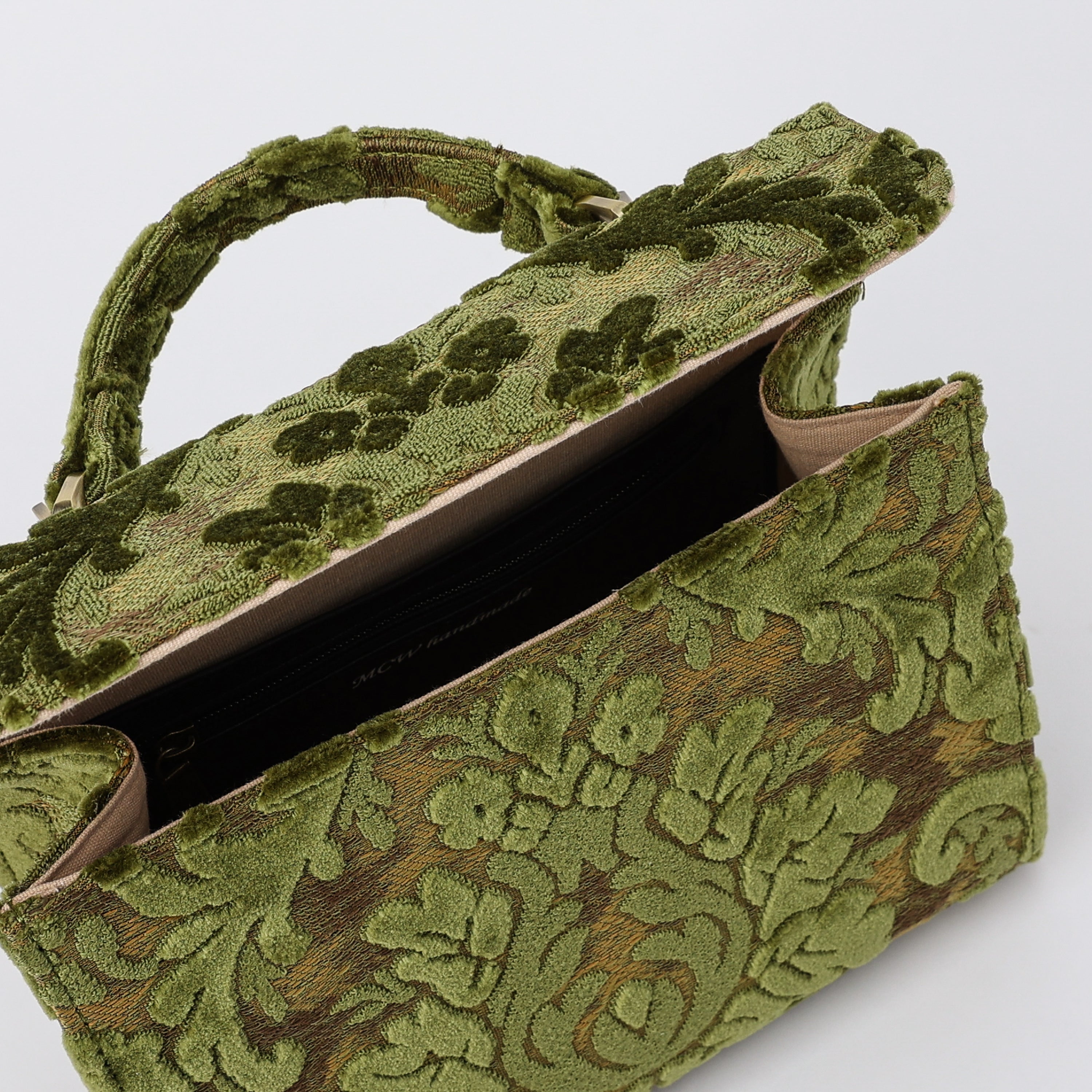 Burnout Velvet Fern Green Flap Satchel Carpetbag of America opening