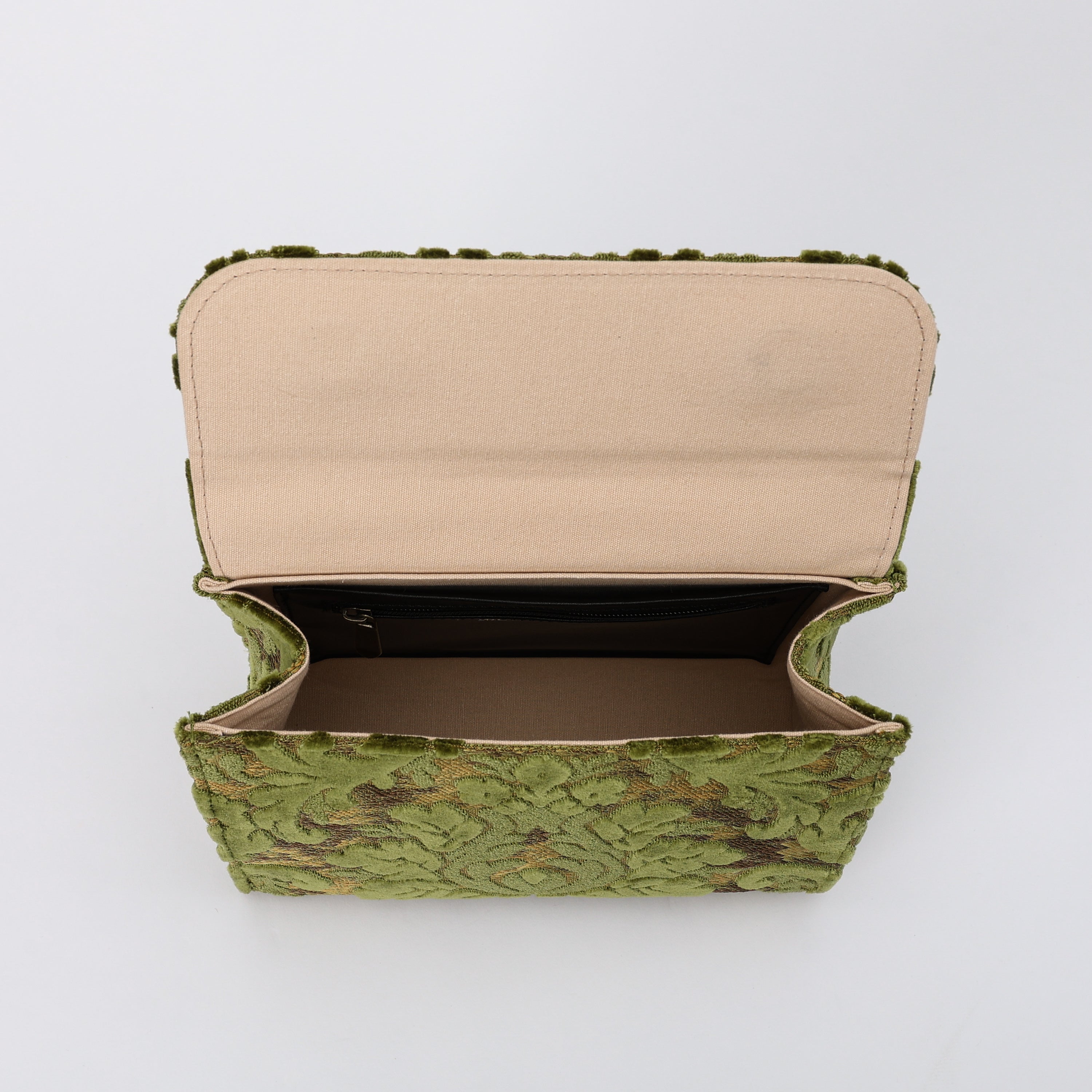 Burnout Velvet Fern Green Flap Satchel Carpetbag of America inside