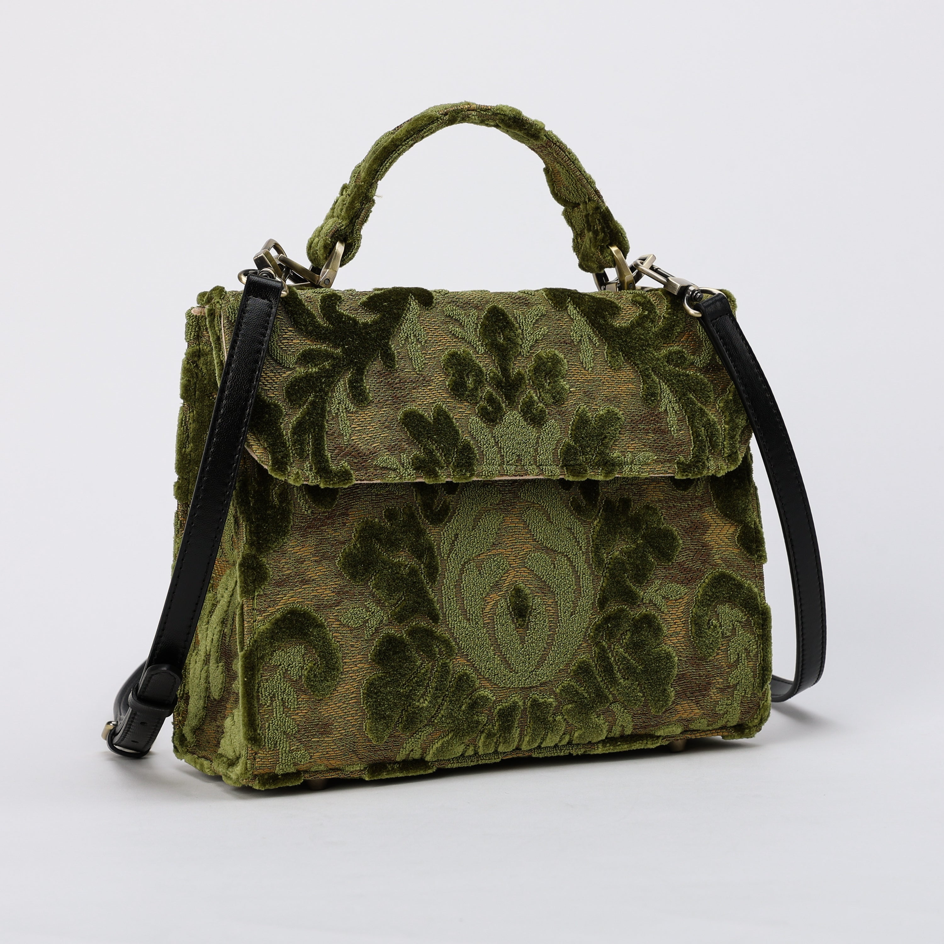 Burnout Velvet Fern Green Flap Satchel Carpetbag of America with shoulder strap