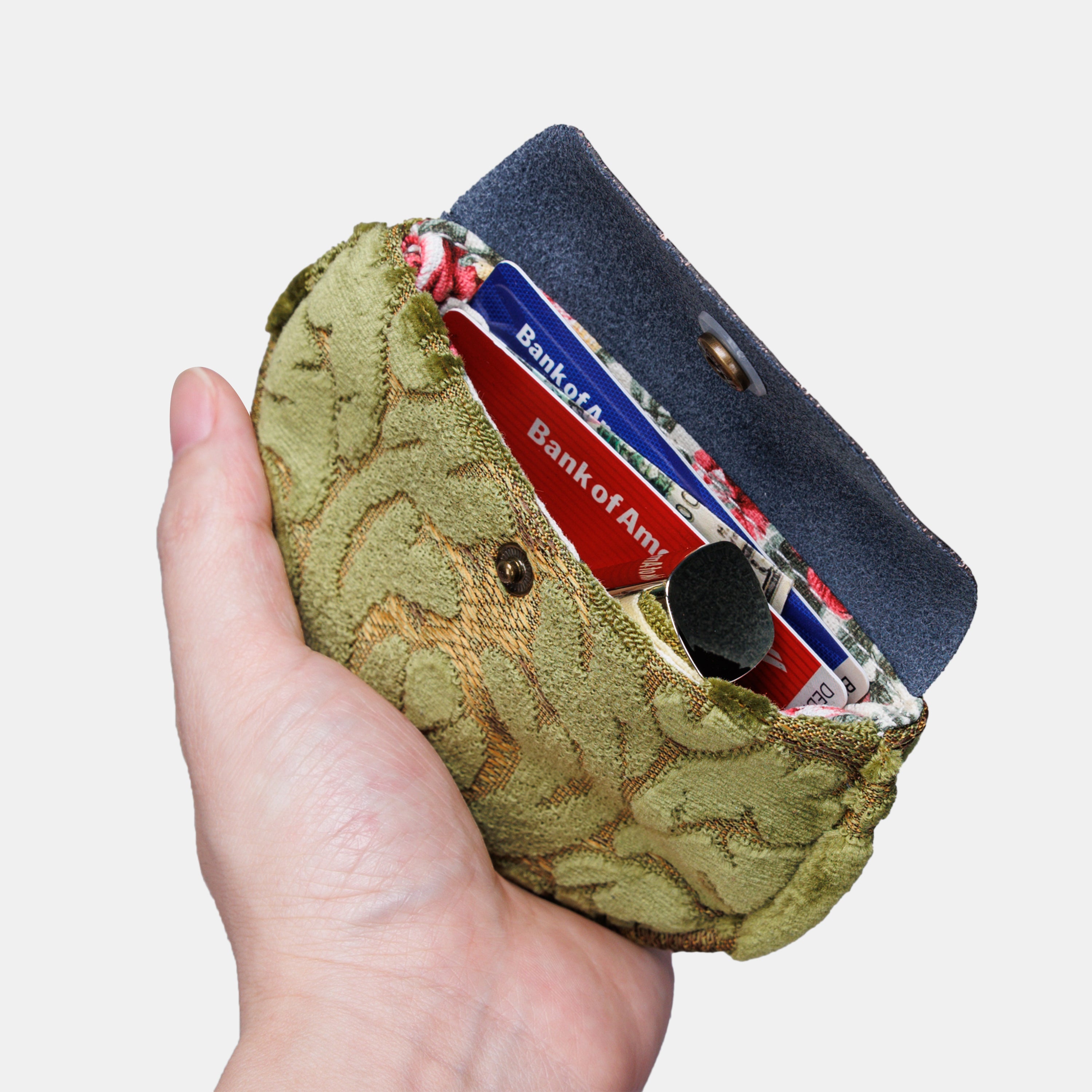 Burnout Velvet Fern Green Flap Coin Purse of America in use-1
