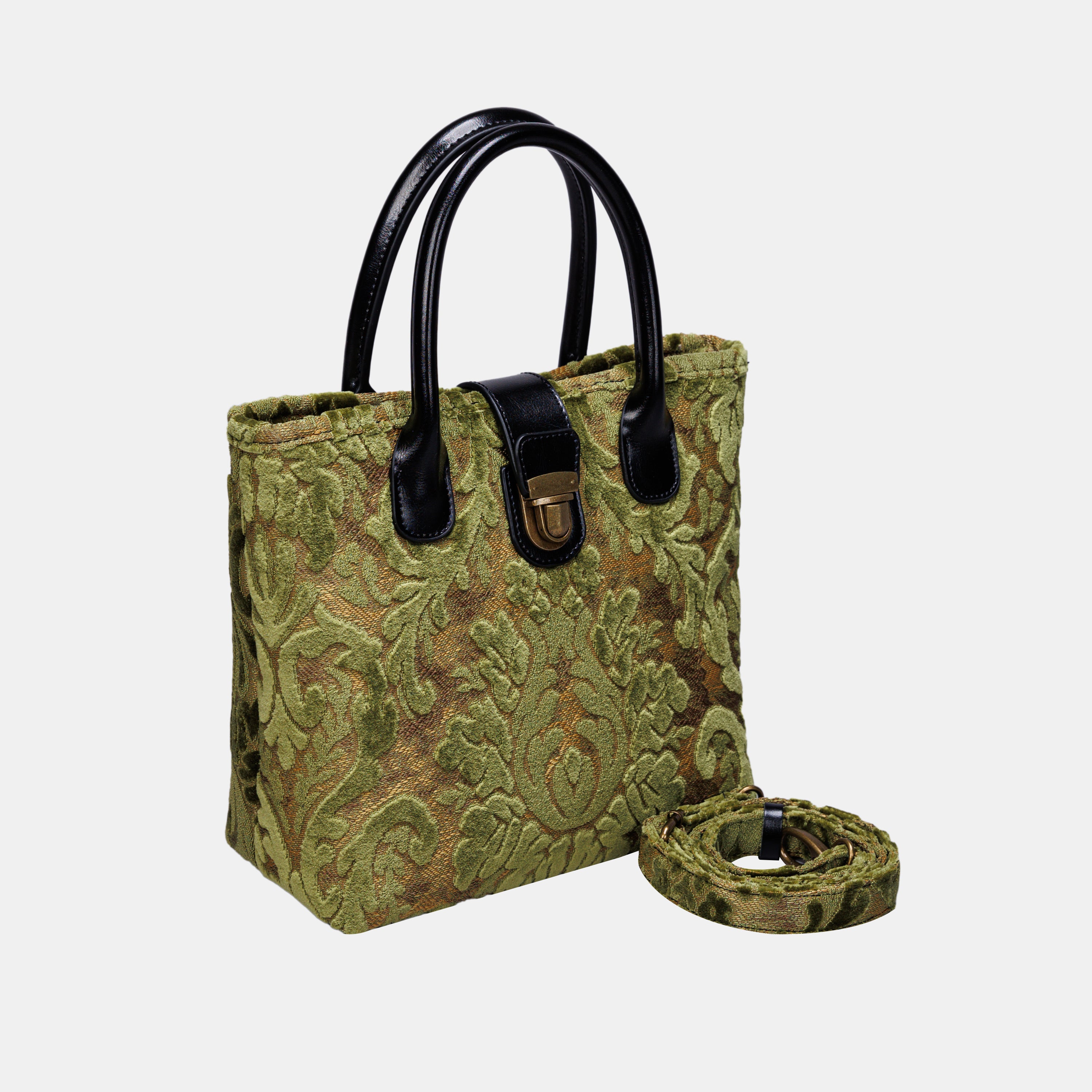 Burnout Velvet Fern Green Tuck Lock Carpet Satchel carpet bag MCW Handmade of America with strap