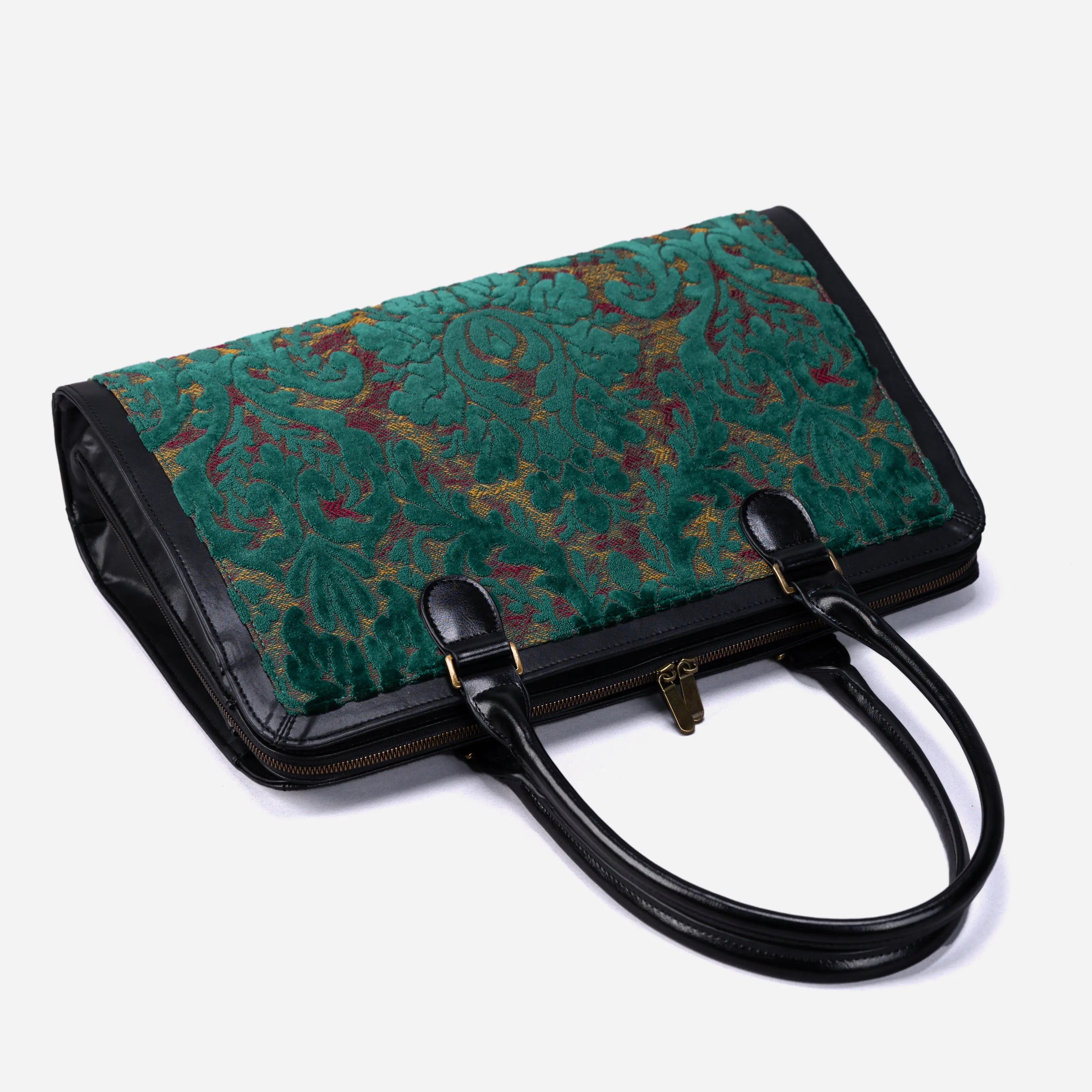 Burnout Velvet Jade Green Business Tote of America lay flat