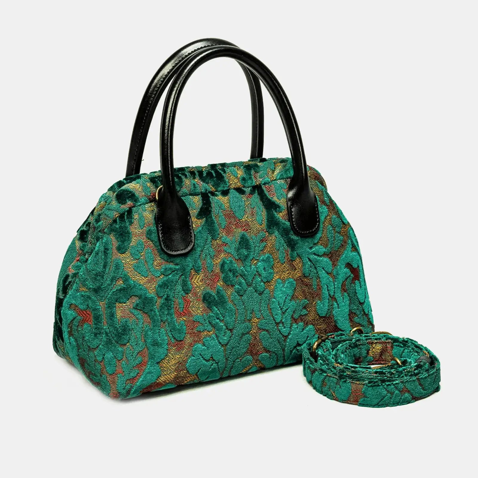 Burnout Velvet Jade Green Carpet Satchel Carpetbag of America with shoulder strap