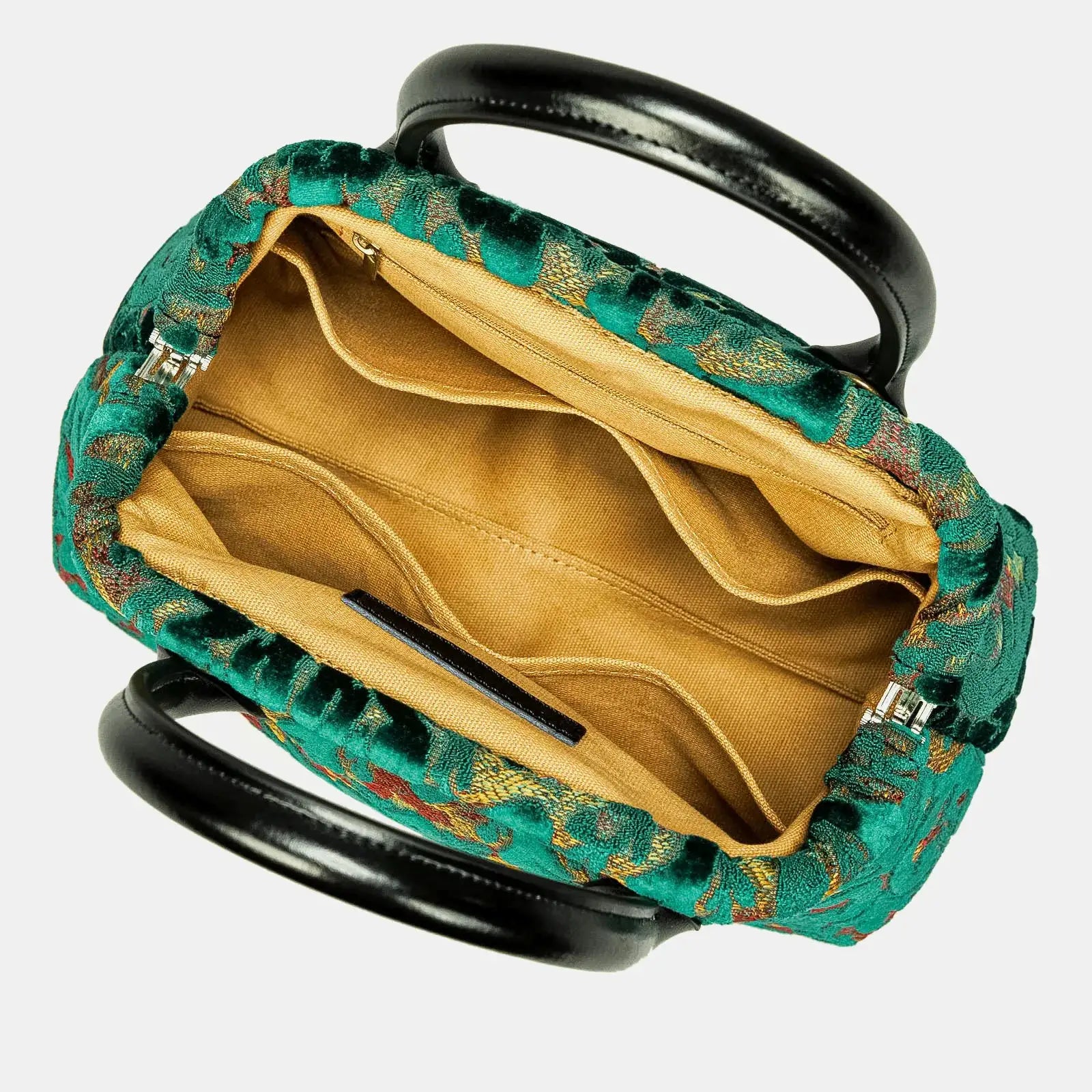 Burnout Velvet Jade Green Carpet Satchel of America open