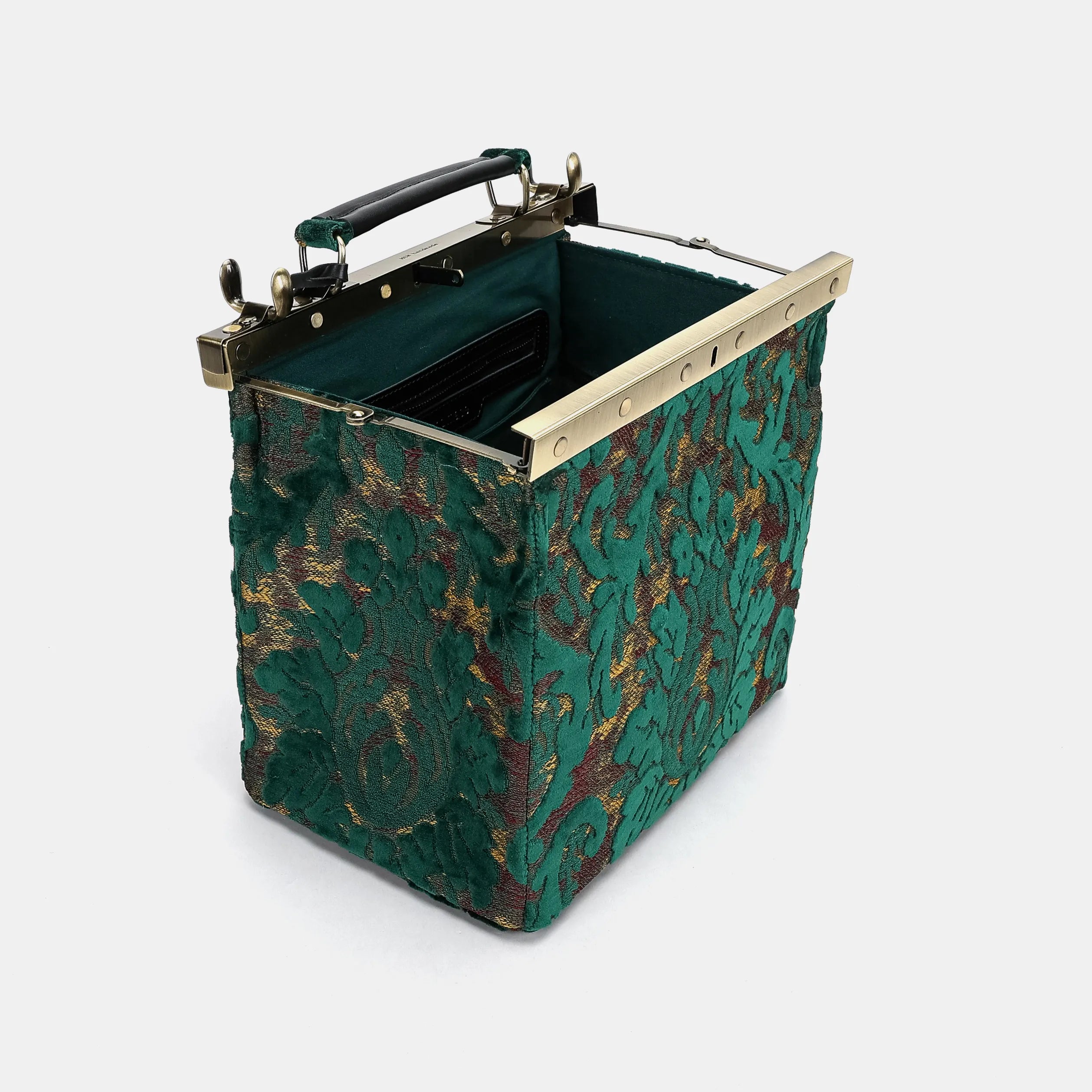 Burnout Velvet Jade Green Cecile Carpet Purse Gladstone Bag of America open and stand