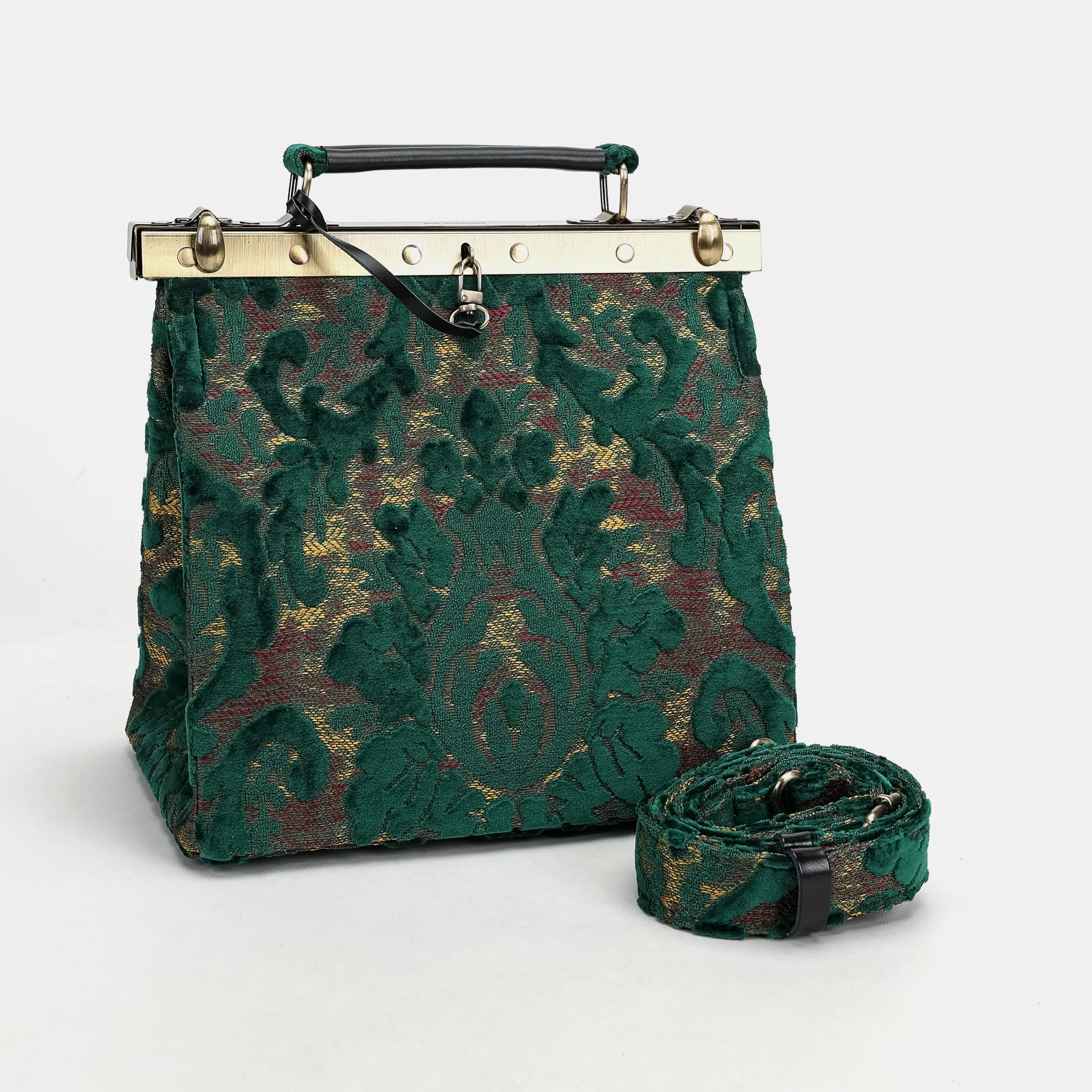 Burnout Velvet Jade Green Cecile Carpet Purse Gladstone Bag of America with shoulder strap