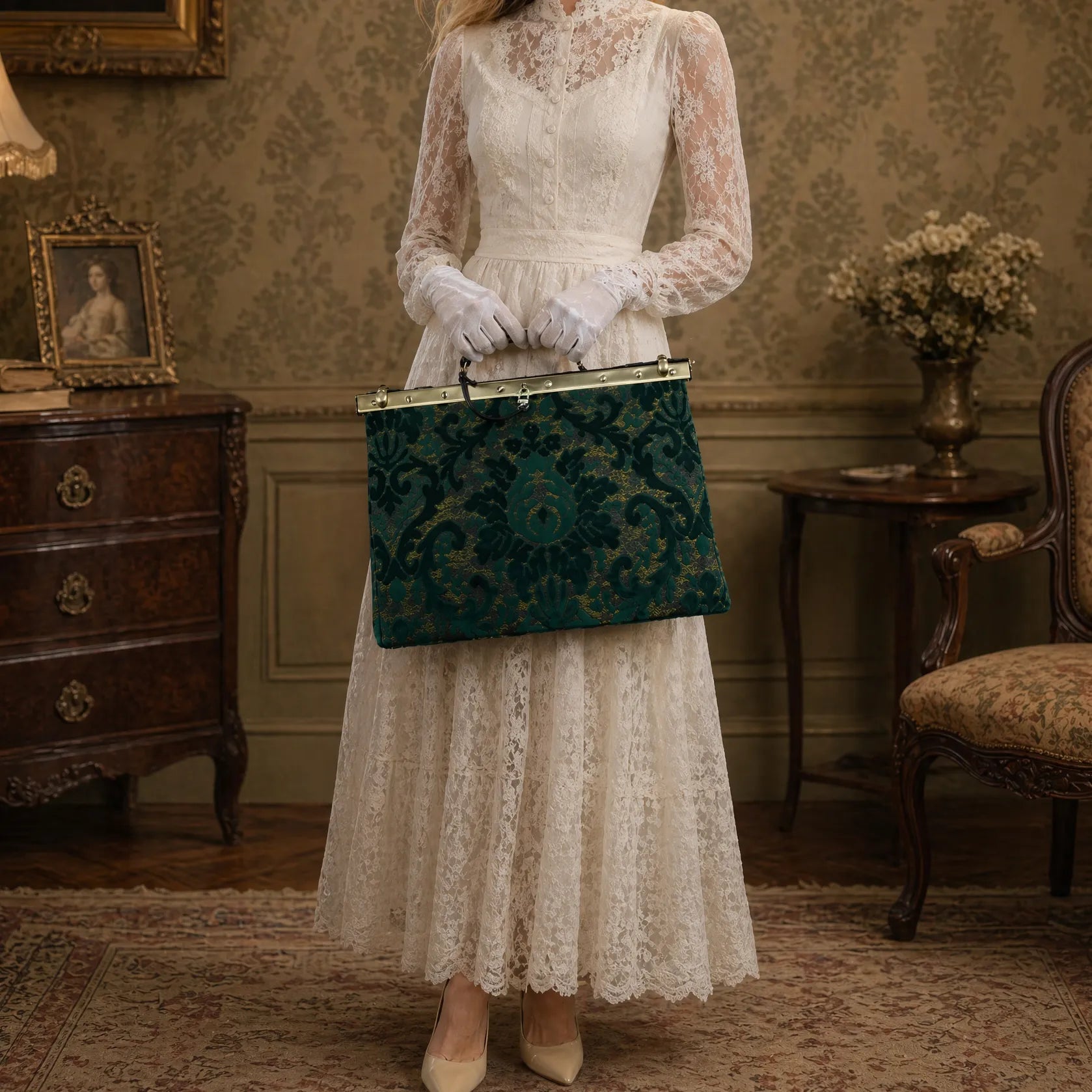 Burnout Velvet Jade Green Celine Carpet Gladstone Bag of America and model