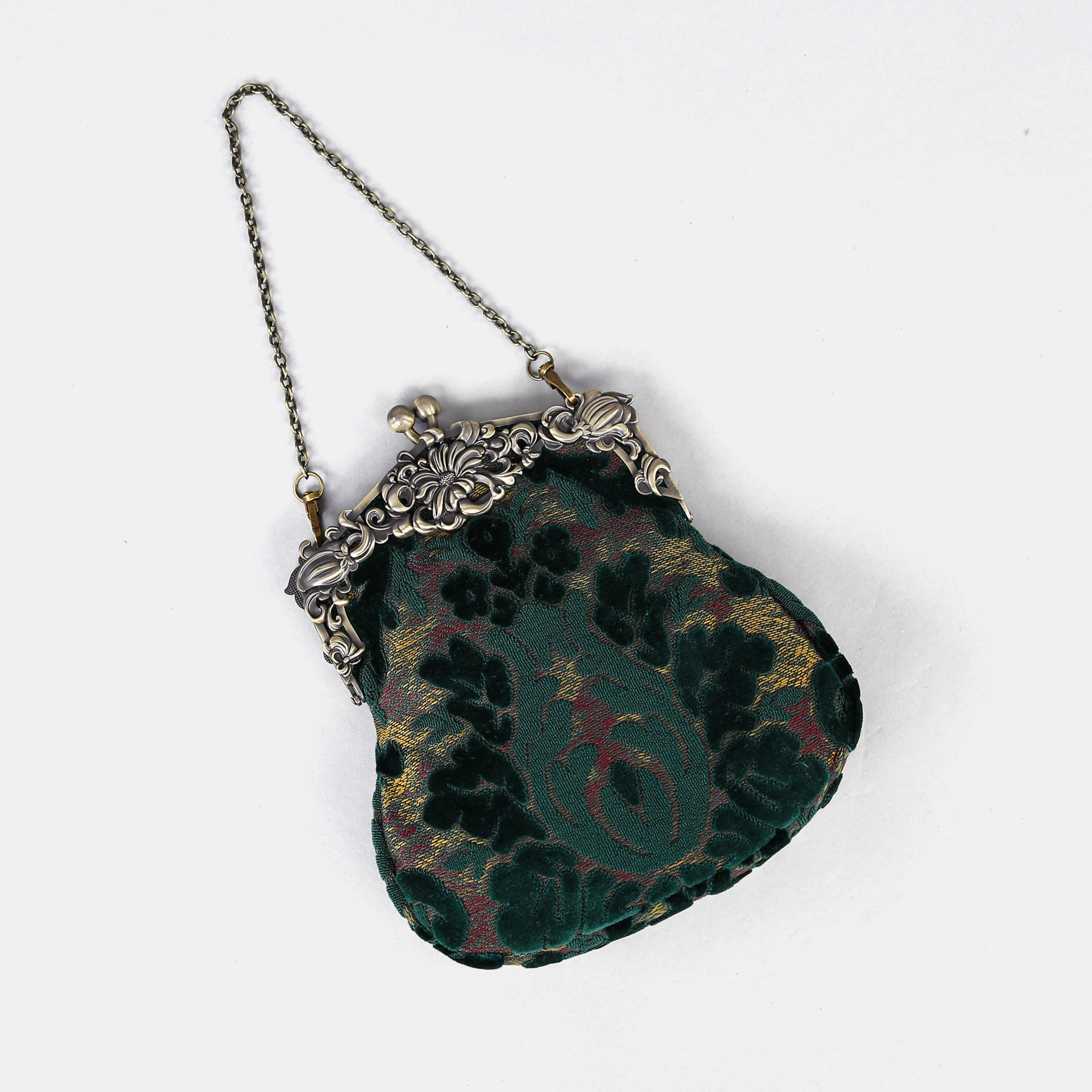 Burnout Velvet Jade Green Chatelaine Purse Large carpet bag of America lay flat