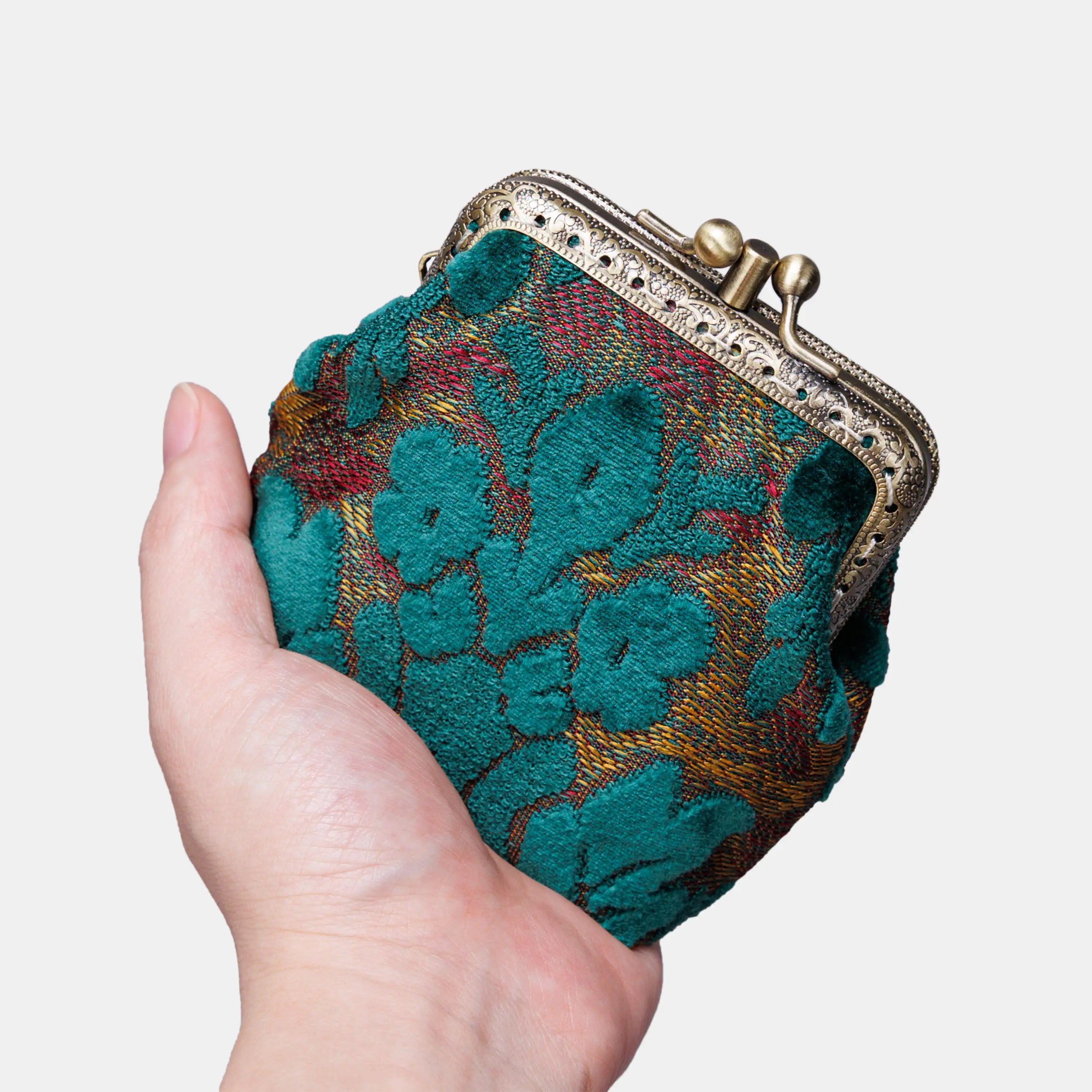 Burnout Velvet Jade Green Double Kiss Clasp Coin Purse of America main