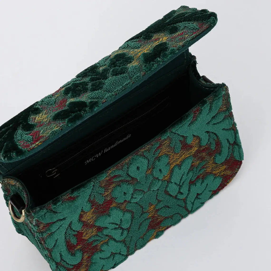 Burnout Velvet Jade Green Flap Crossbody Bag carpet bag of America inside