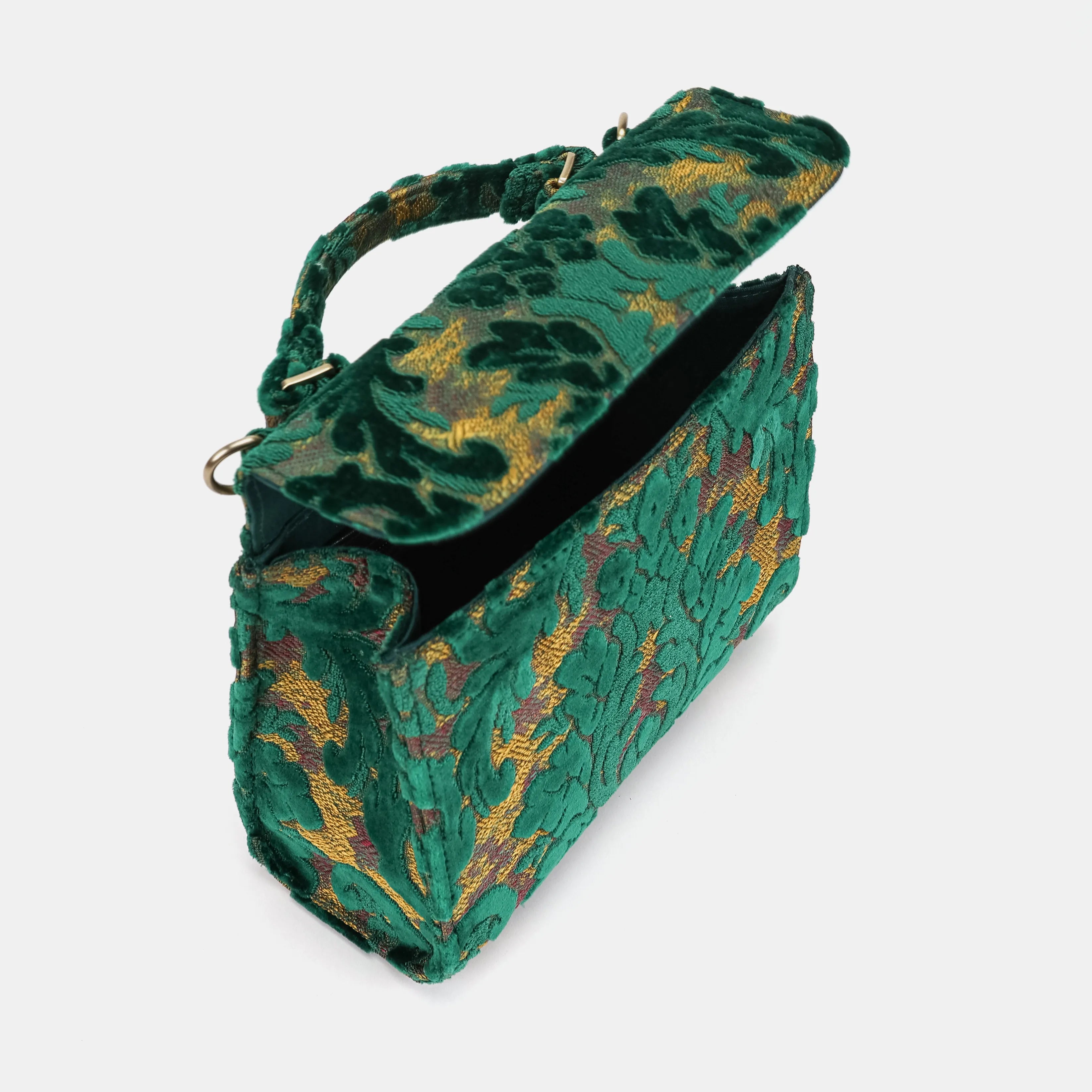 Burnout Velvet Jade Green Flap Satchel Carpetbag of America open