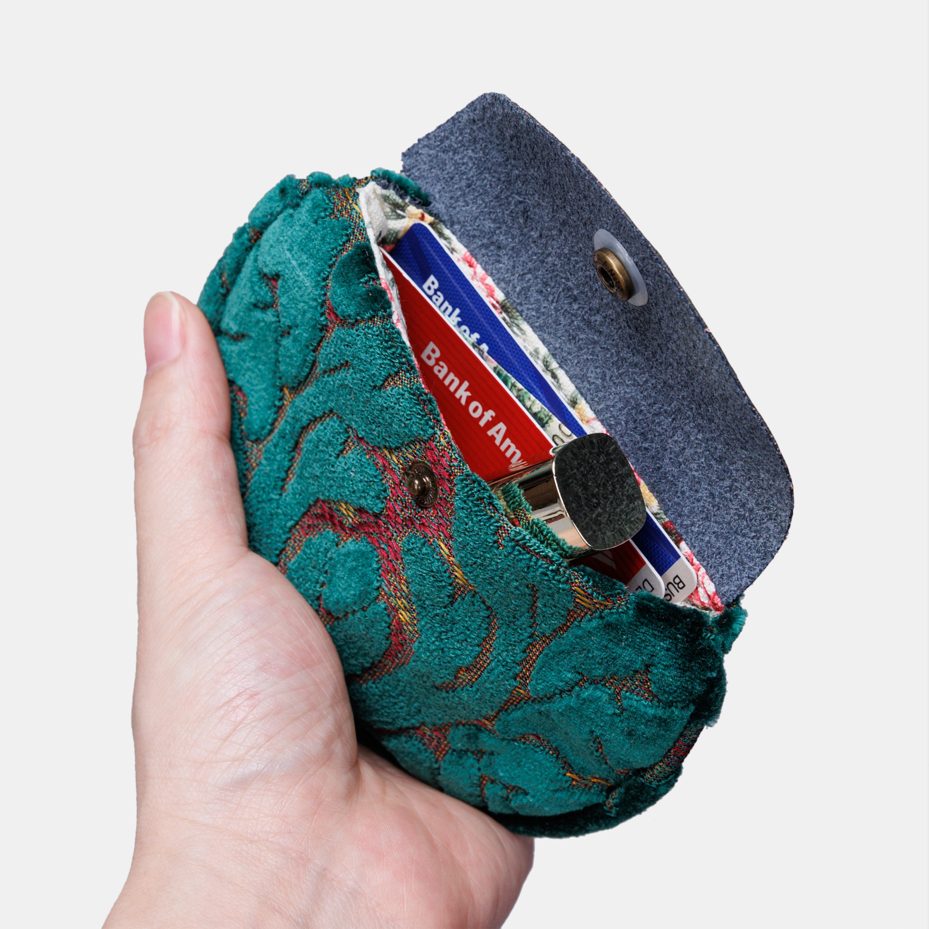 Burnout Velvet Jade Green Flap Coin Purse of America in use-1