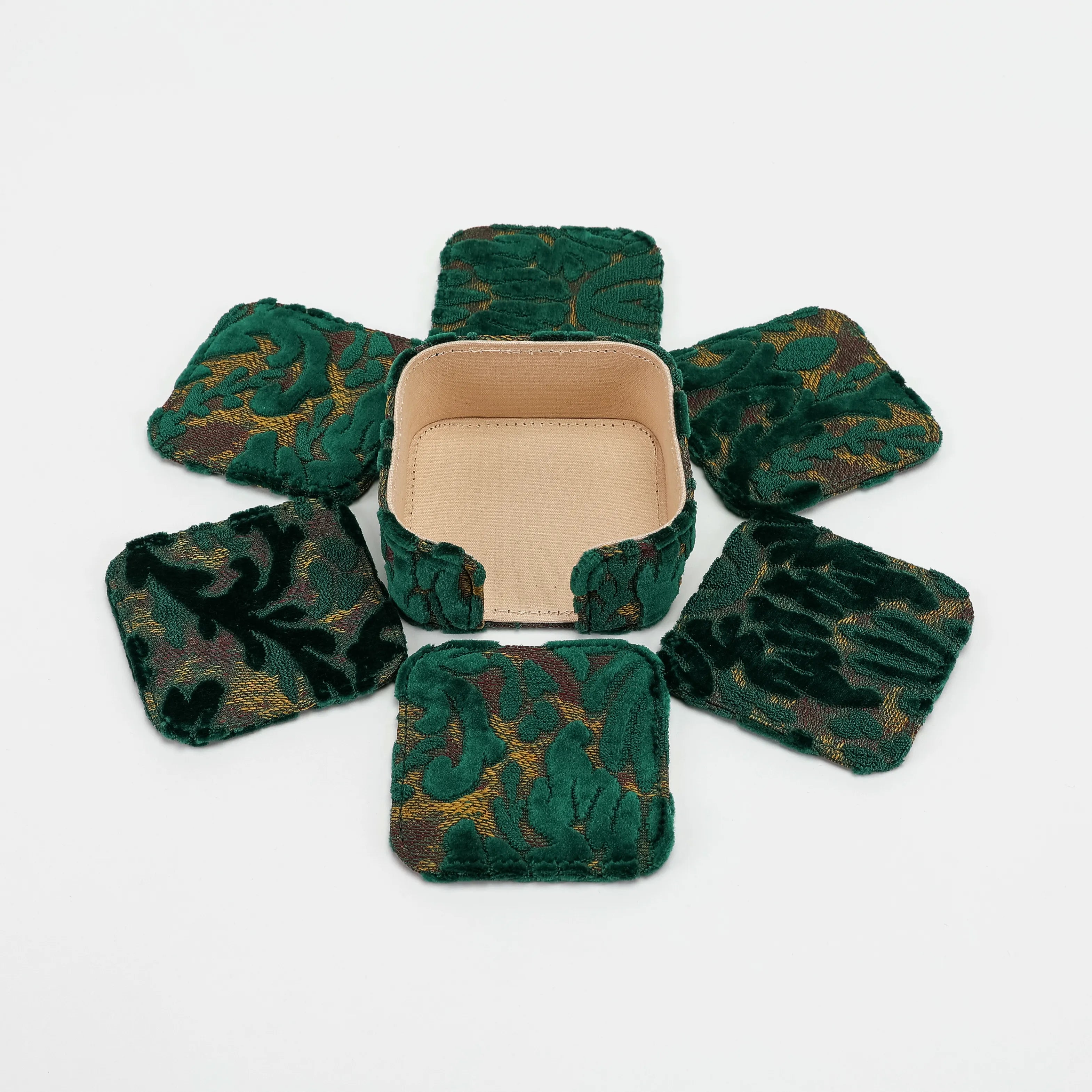 Burnout Velvet Jade Green Square Coaster Set with Holder of America-6 pcs and holder