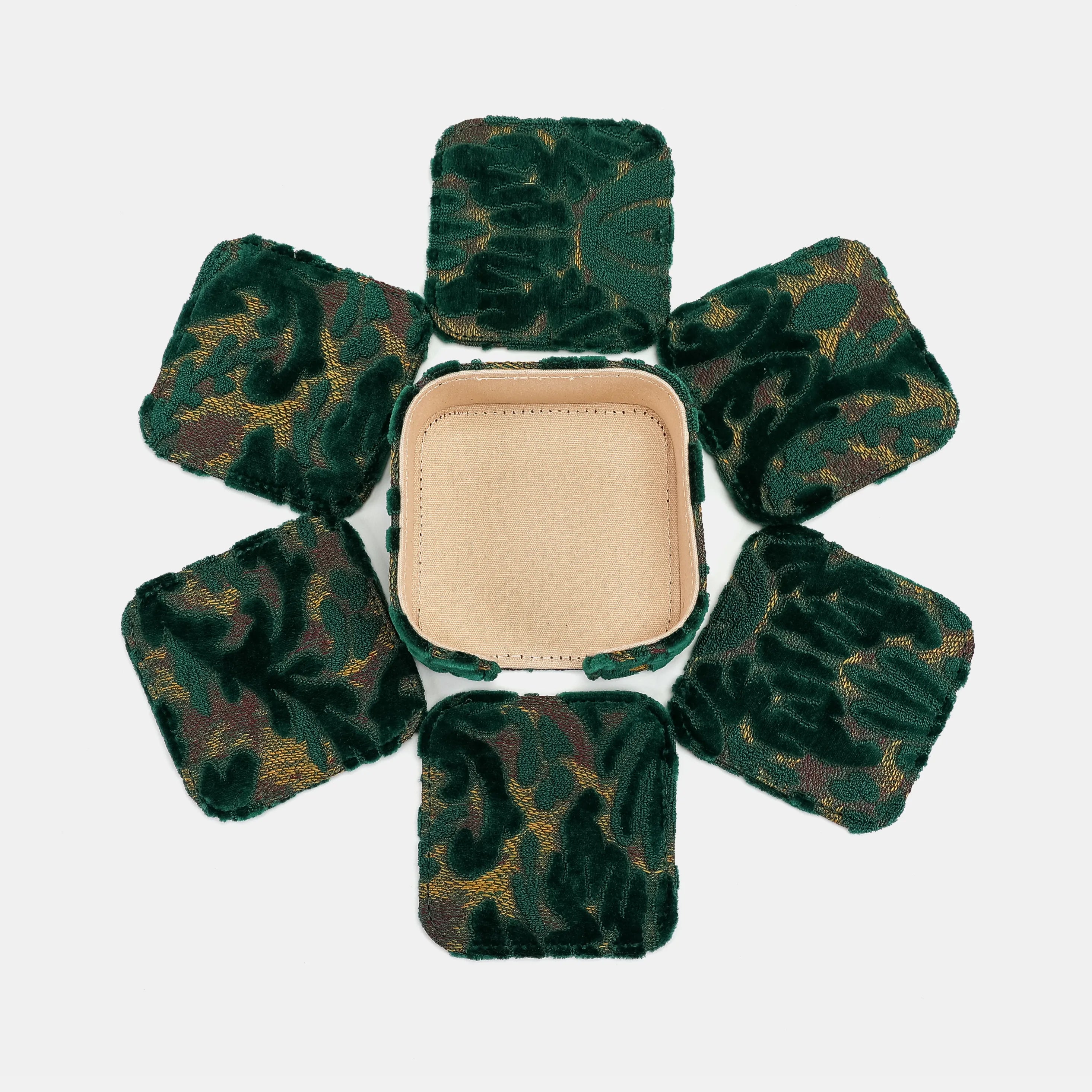 Burnout Velvet Jade Green Square Coaster Set with Holder of America-6 pcs set