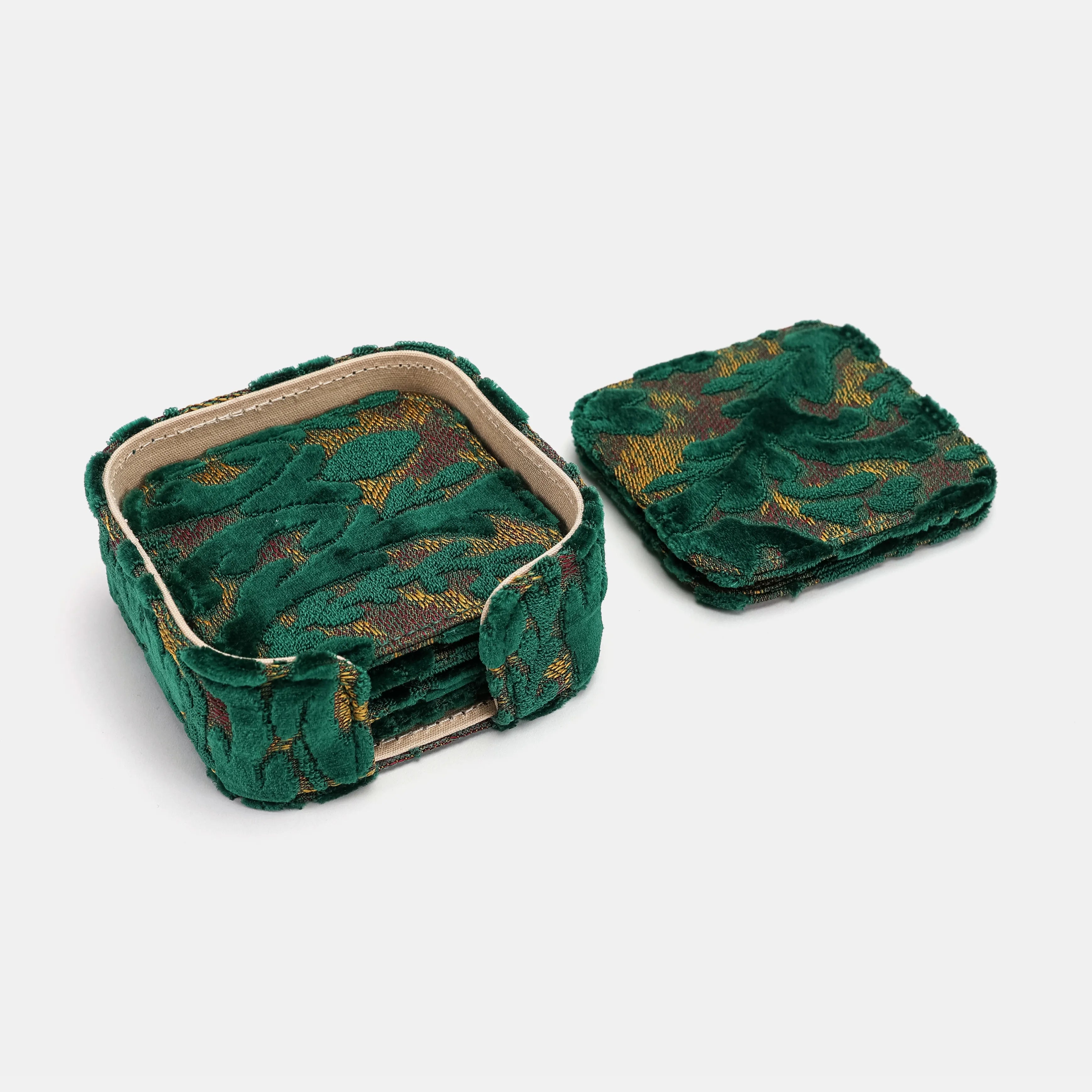 Burnout Velvet Jade Green Square Coaster Set with Holder of America-details