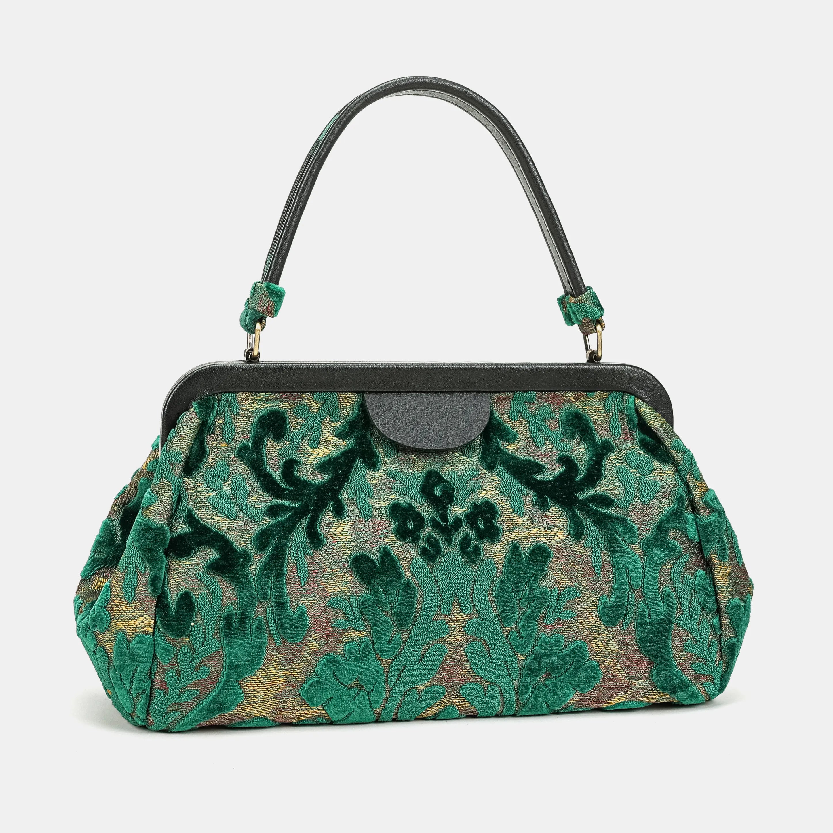 Burnout Velvet Jade Green Top Handle Purse Carpetbag of America front