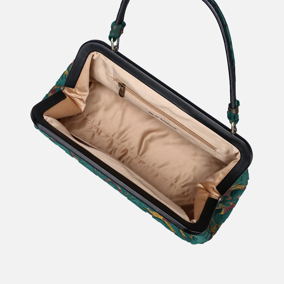 Burnout Velvet Jade Green Top Handle Purse Carpetbag of America open
