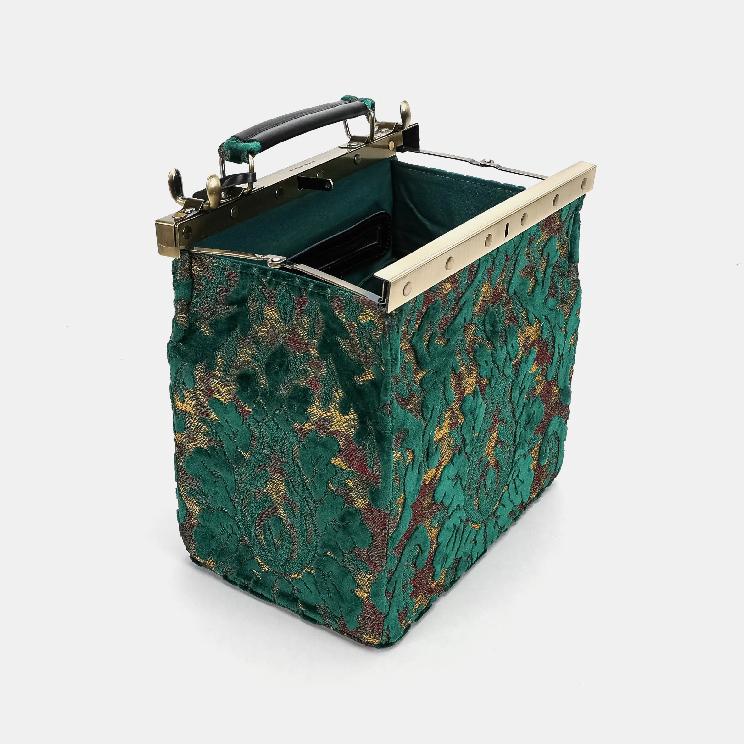 Burnout Velvet Jade Green Vivienne Carpet Purse Gladstone Bag America open and stand
