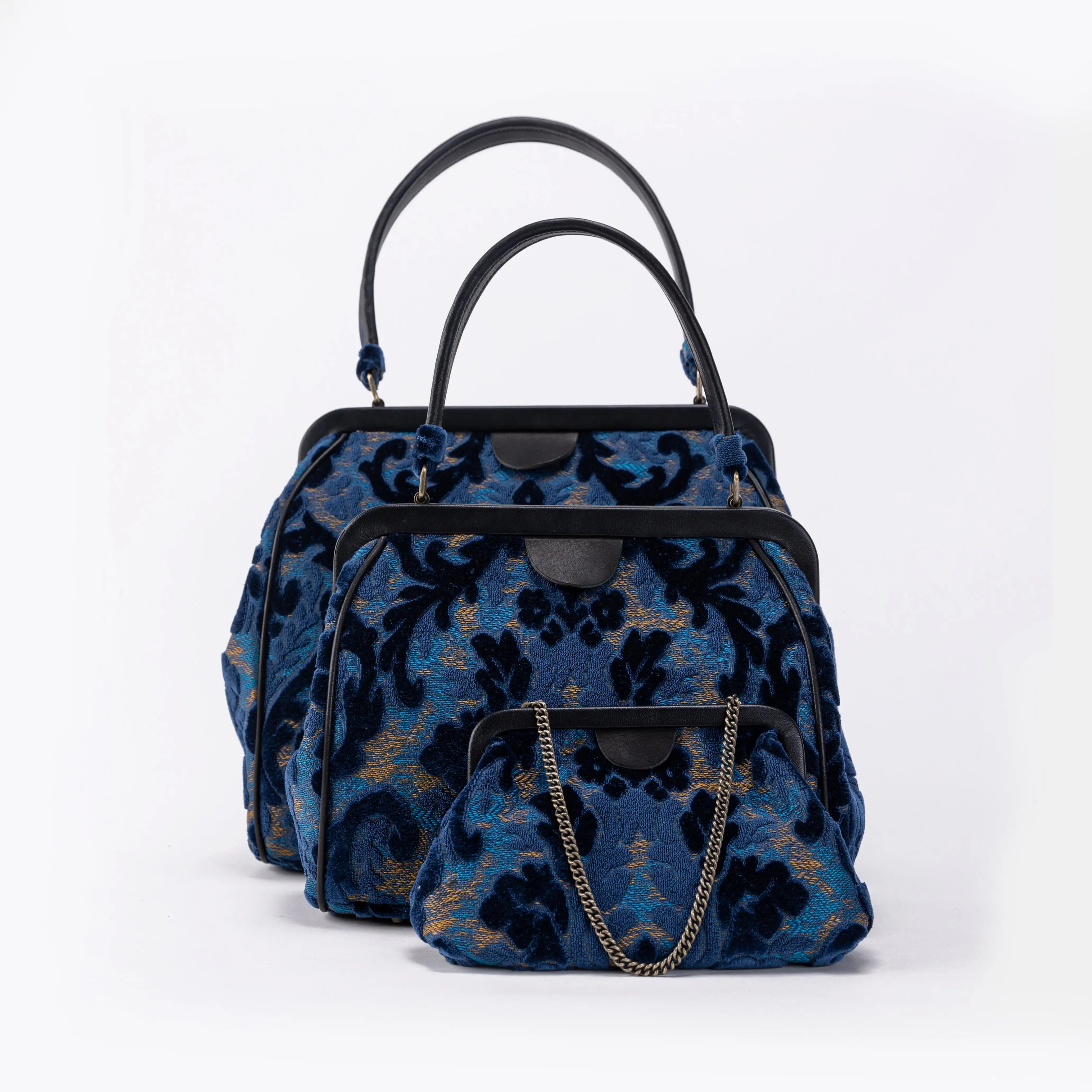 Burnout Velvet Navy Alma Satchel Carpet Bag