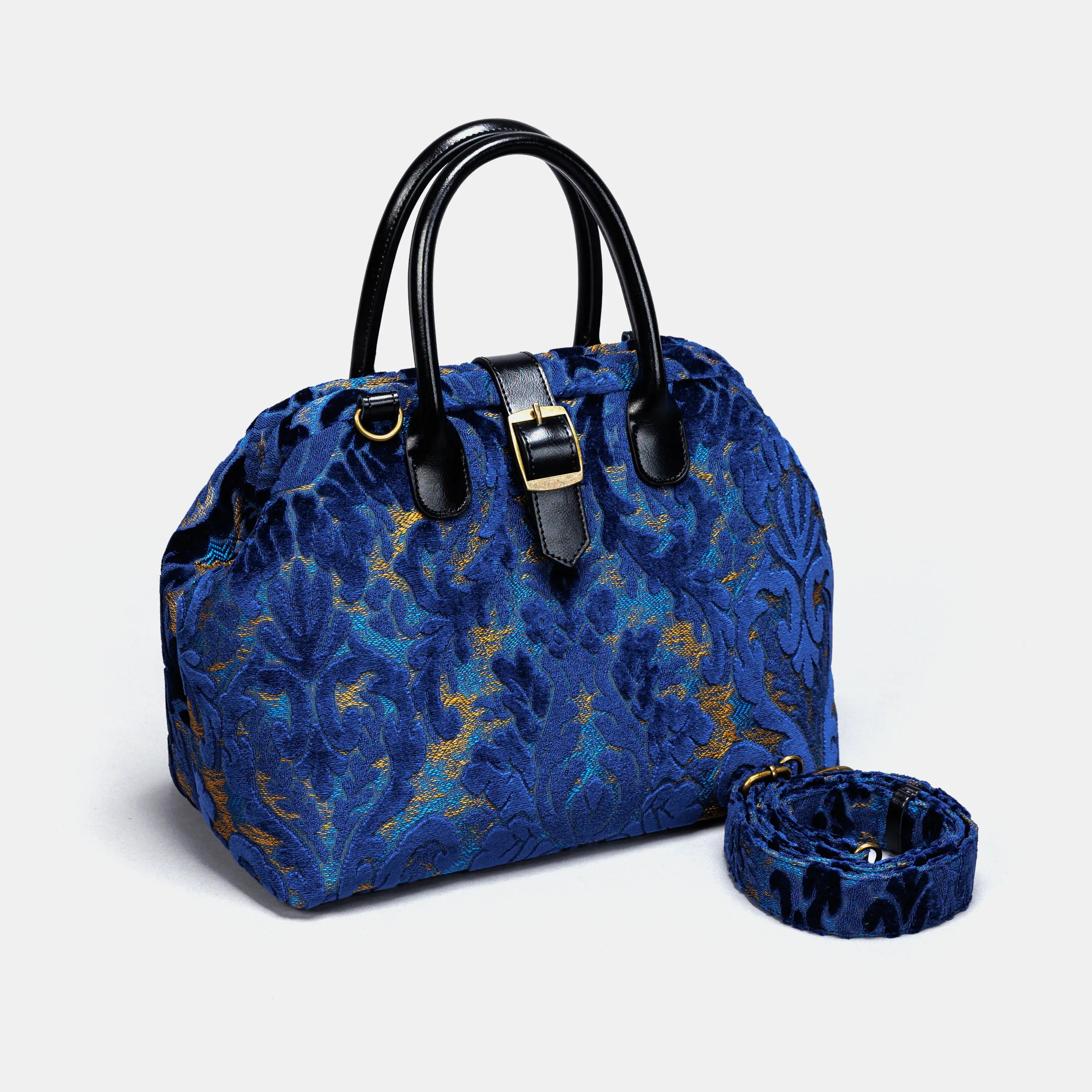 Burnout Velvet Navy Carpet Handbag Purse carpet bag MCW Handmade of America with strap