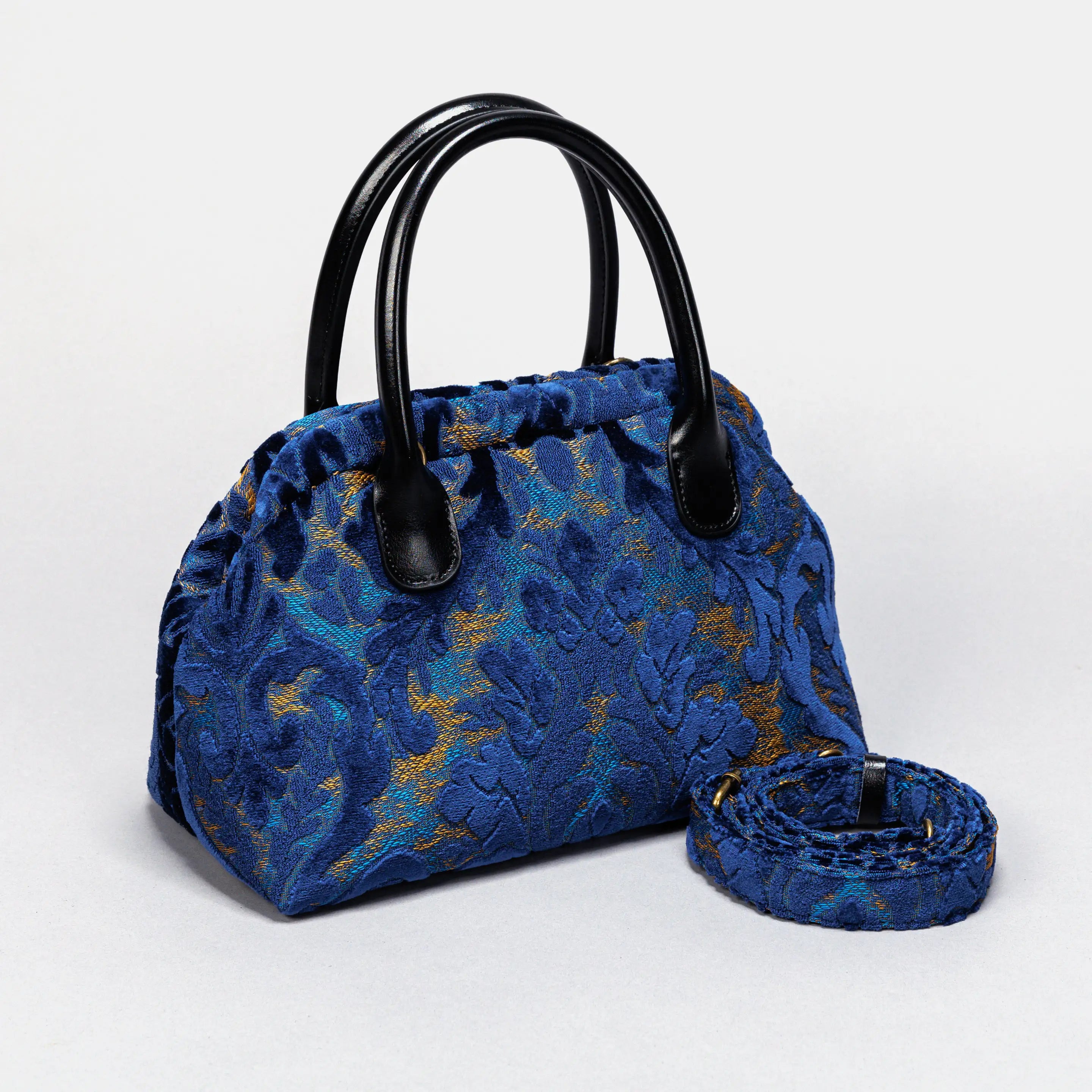 Burnout Velvet Navy Carpet Satchel carpet bag MCW Handmade of America with strap