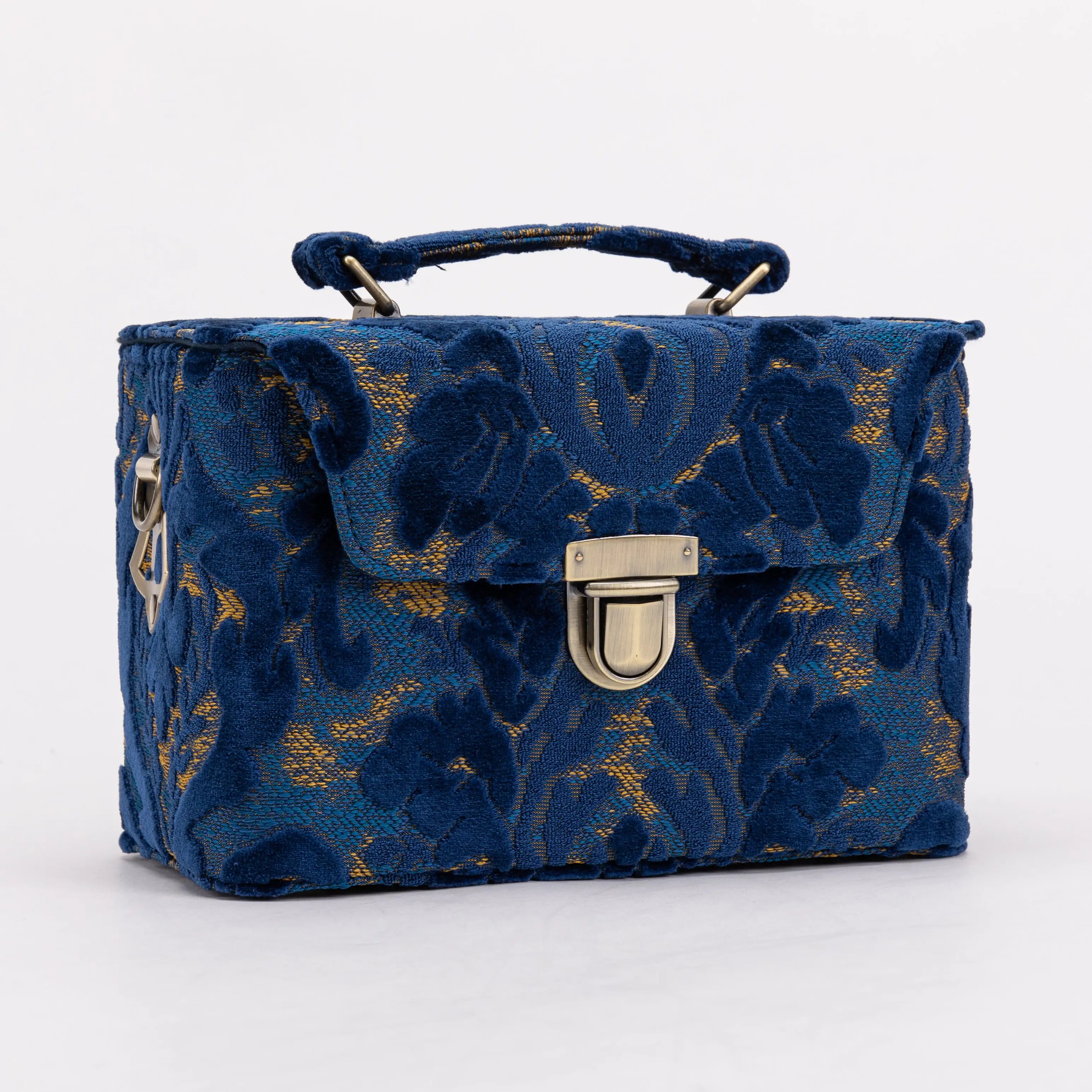 Burnout Velvet Navy Clara Medium Train Case Purse of America front side
