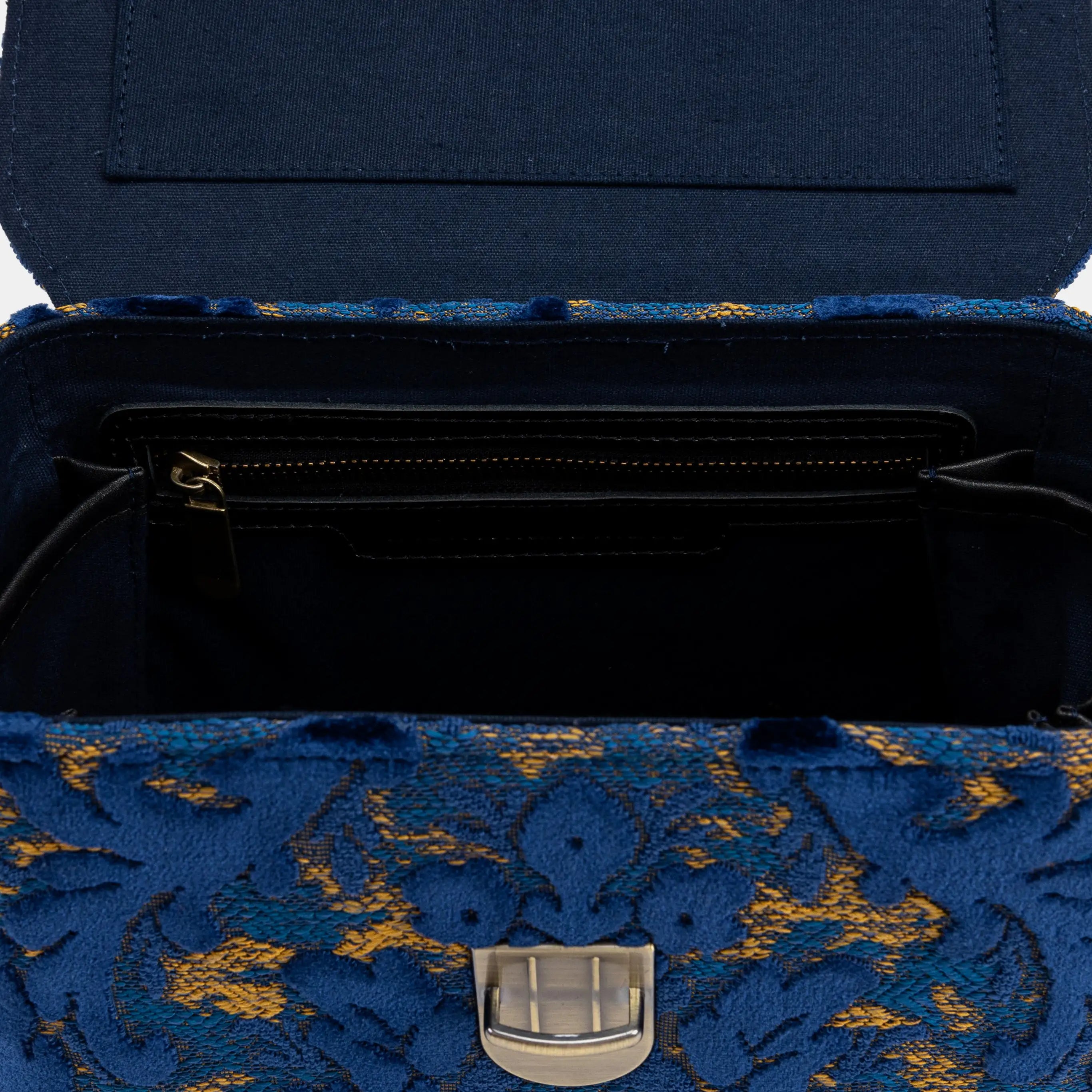 Burnout Velvet Navy Clara Medium Train Case Purse of America inside pocket
