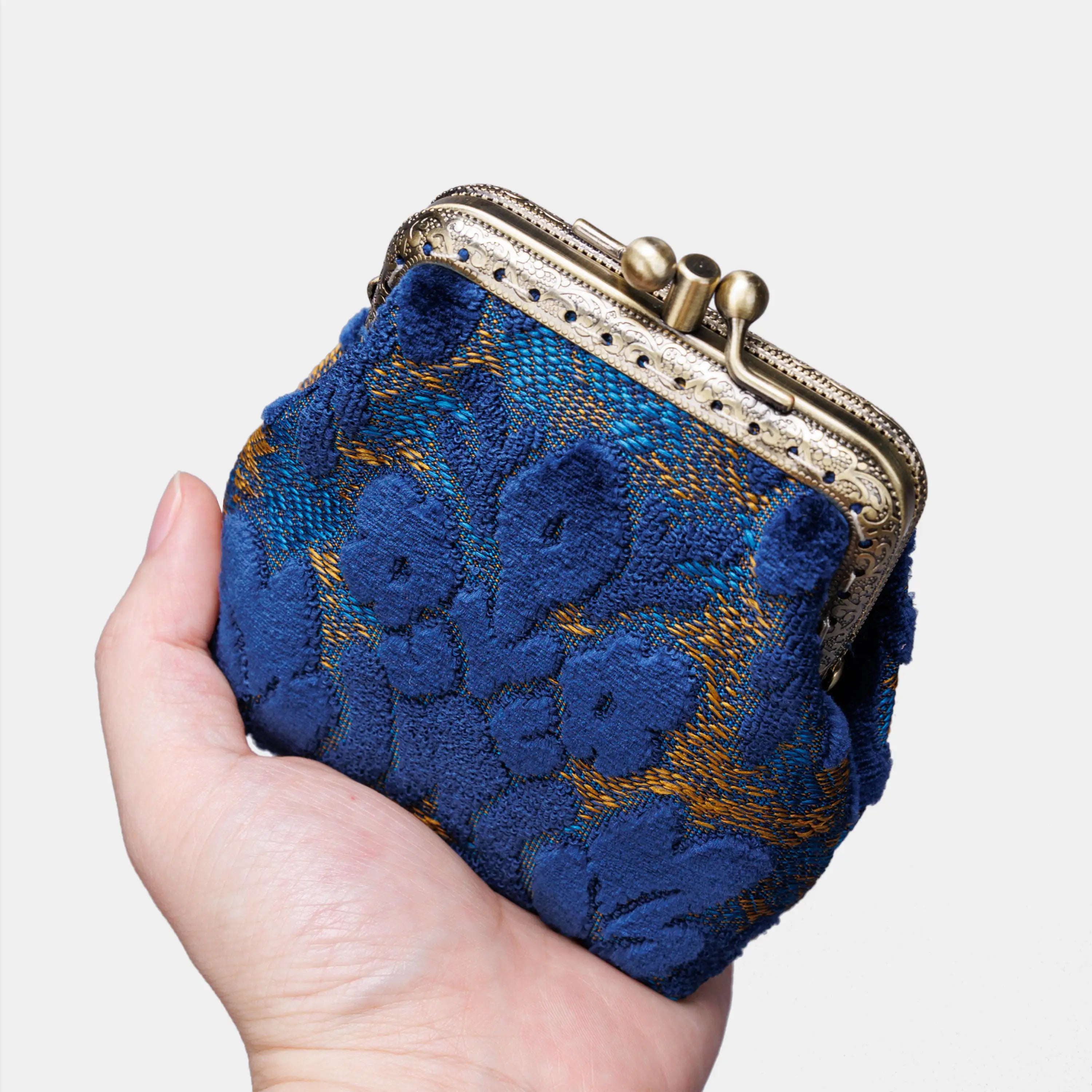 Burnout Velvet Navy Double Kiss Clasp Coin Purse of America main