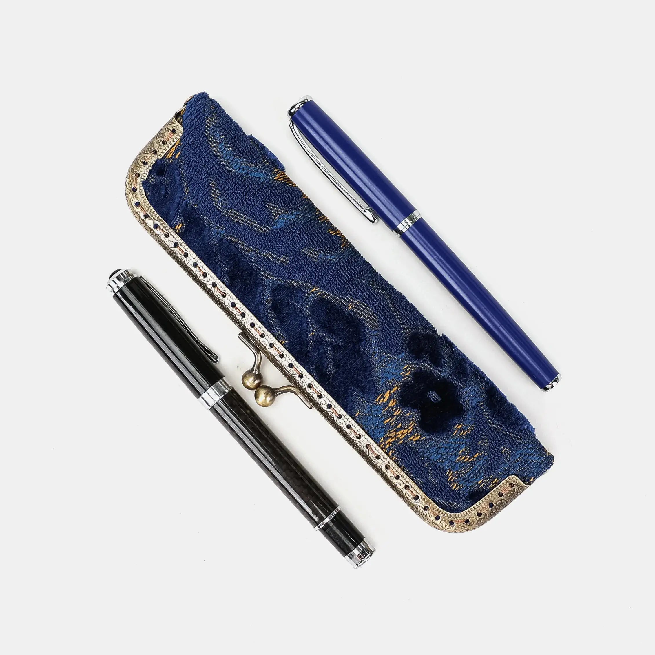 Burnout velvet Navy Duo Pen Case Carpetbag of America side