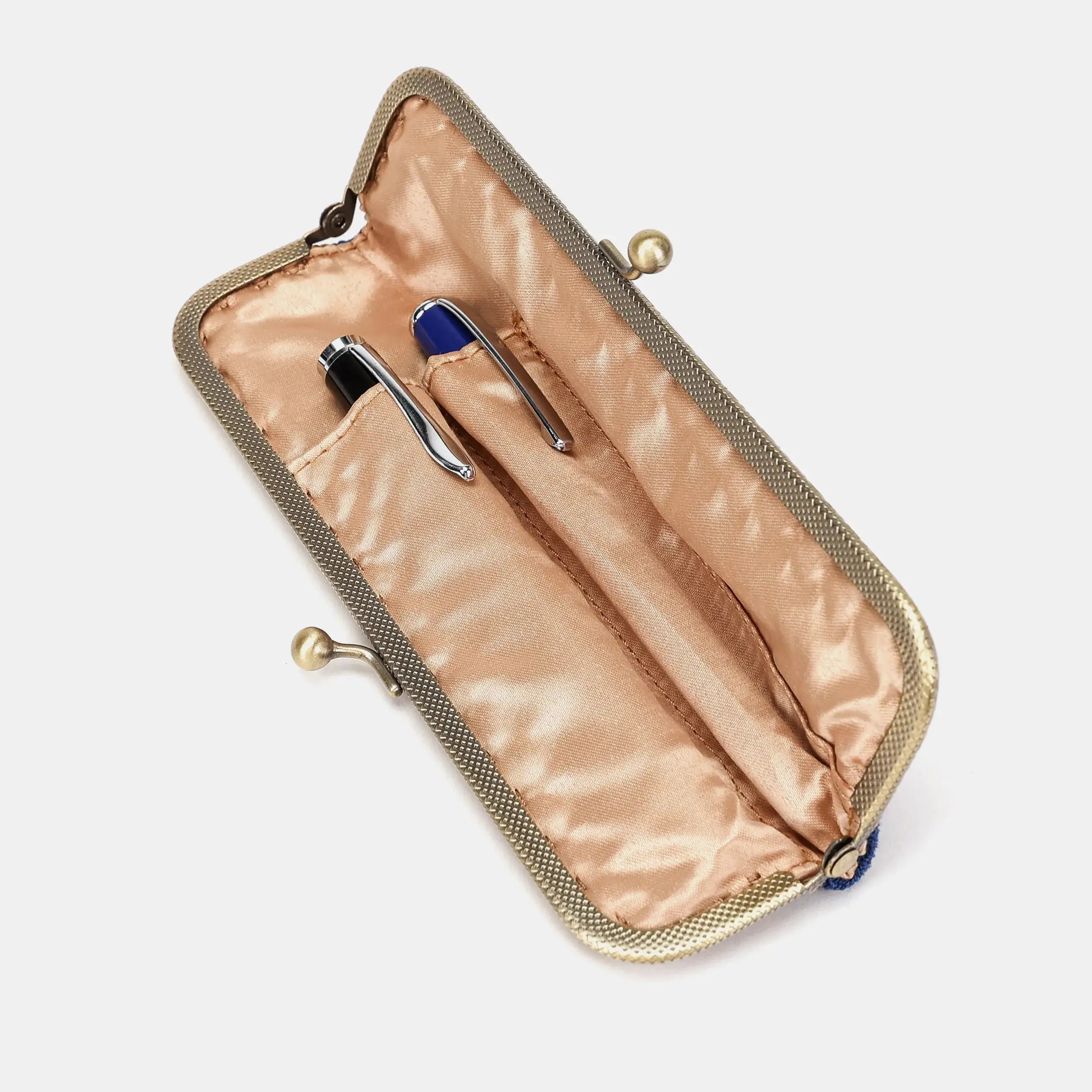 Burnout velvet Navy Duo Pen Case Carpetbag of America inside