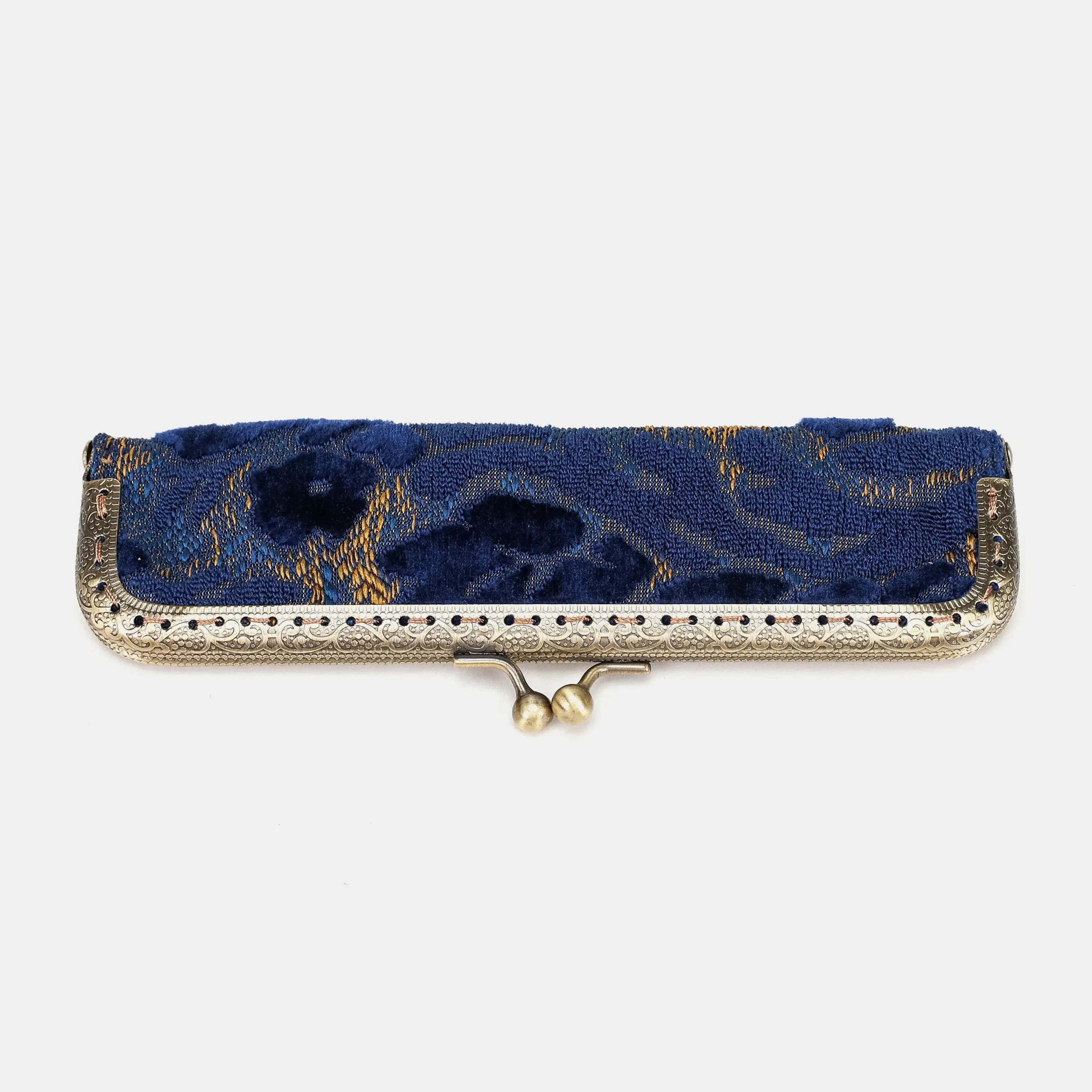 Burnout velvet Navy Duo Pen Case Carpetbag of America front