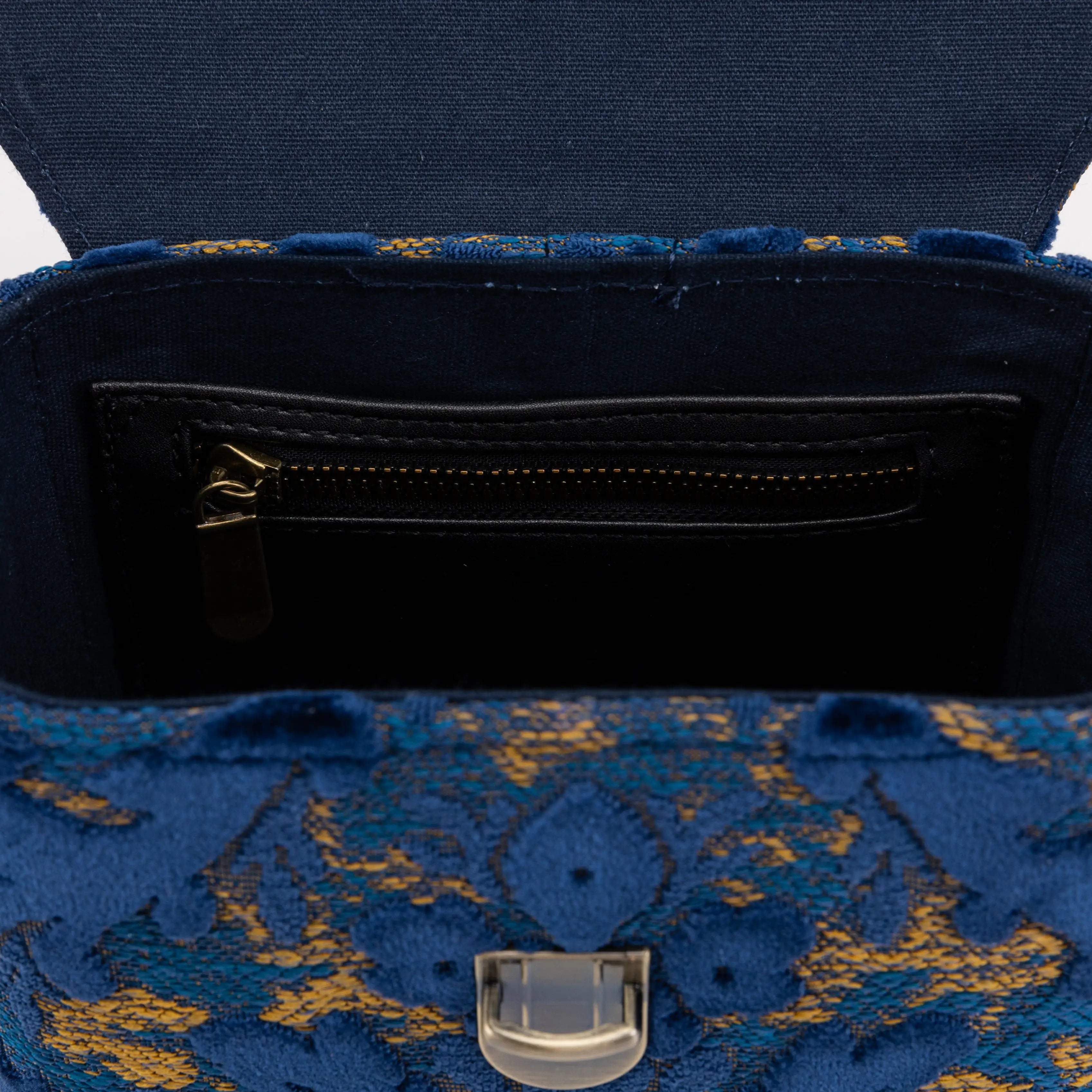 Burnout Velvet Navy Emma Small Train Case Crossbody of America inside zipper