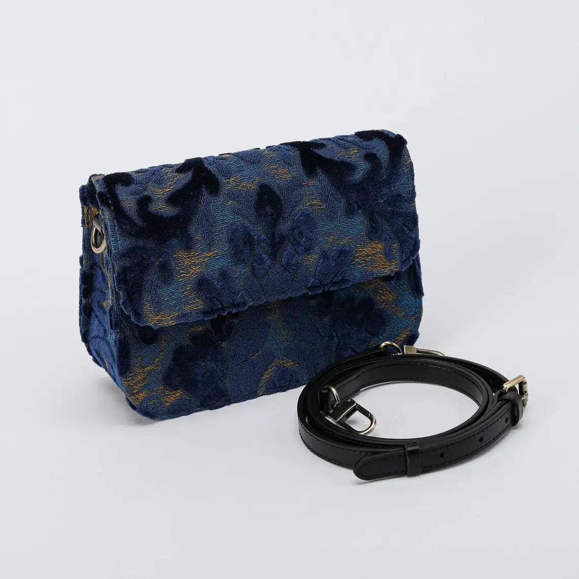Burnout Velvet Navy Flap Crossbody Bag carpet bag of America with shoulder strap