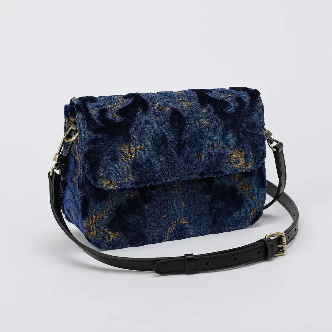 Burnout Velvet Navy Flap Crossbody Bag carpet bag of America front