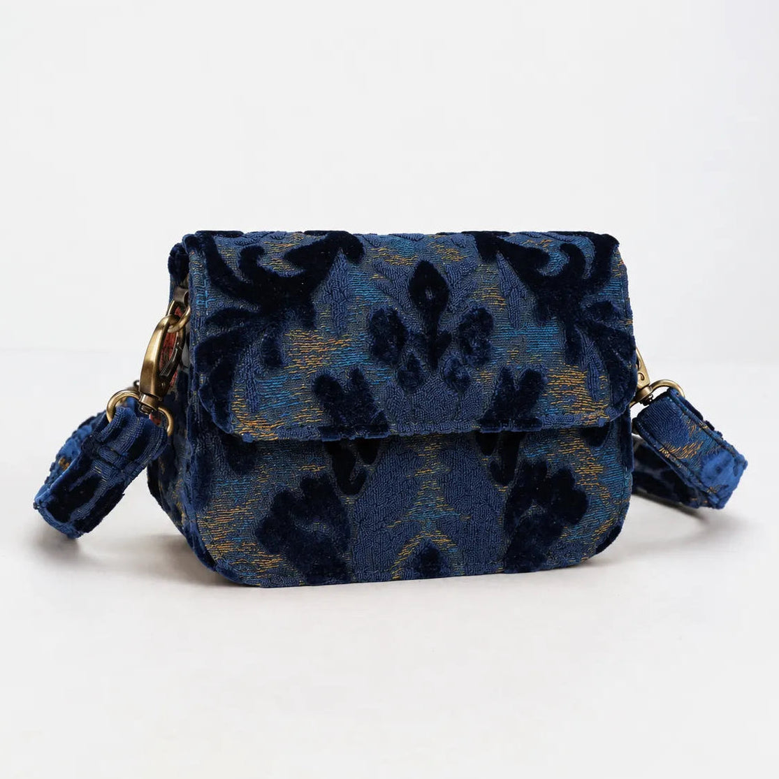 Burnout Velvet Navy Flap Crossbody Bag carpet bag of America main