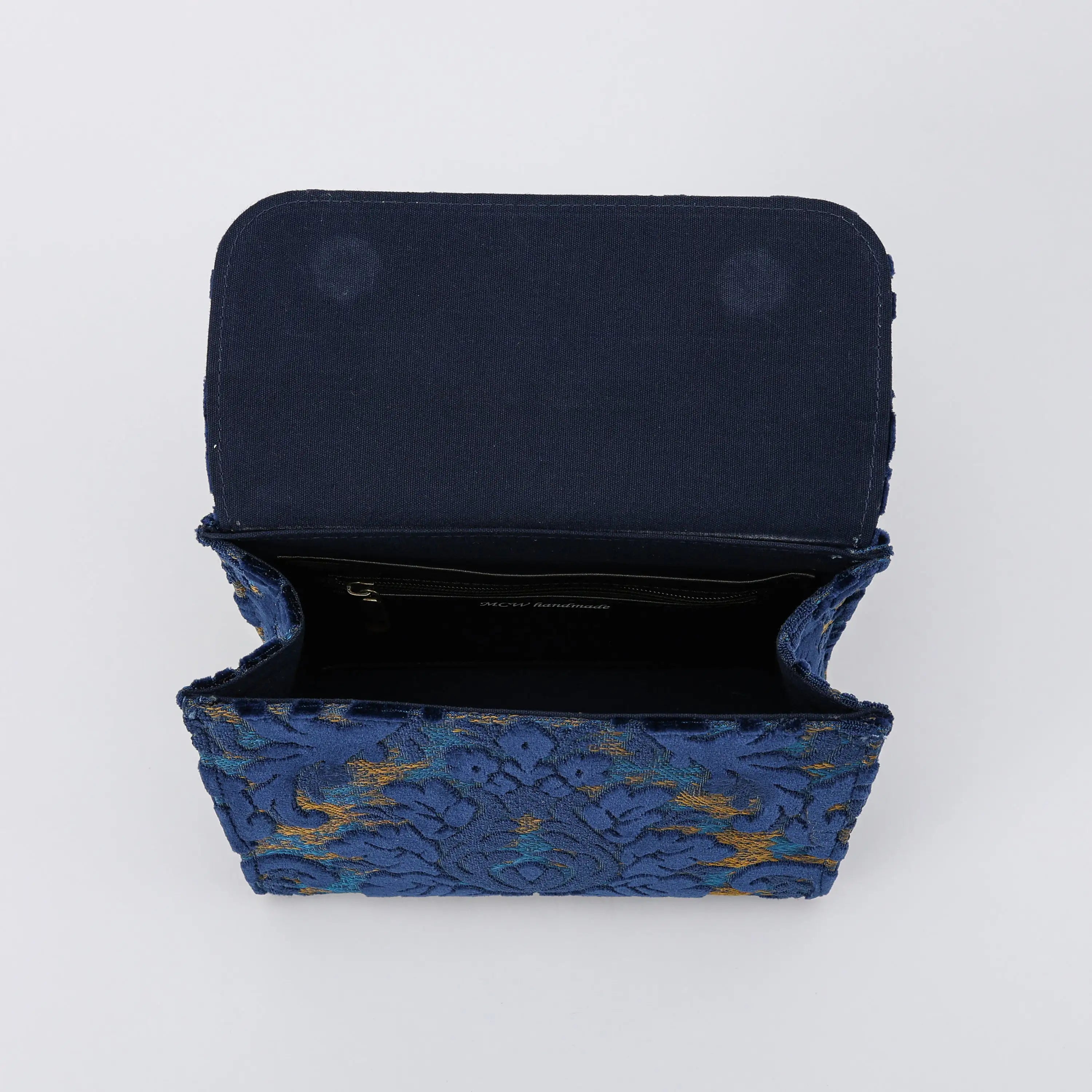 Burnout Velvet Navy Flap Satchel Carpetbag of America inside