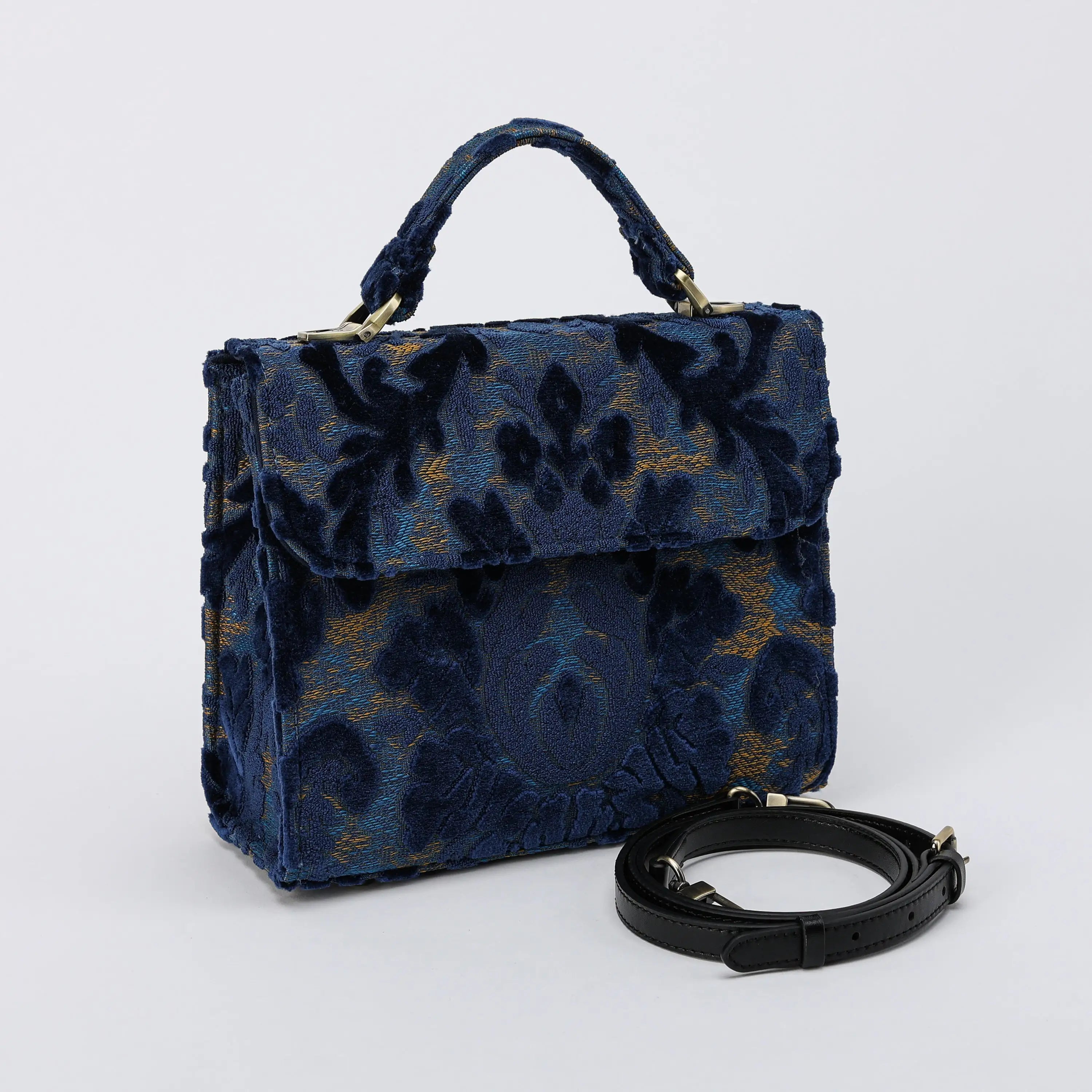 Burnout Velvet Navy Flap Satchel Carpetbag of America front side