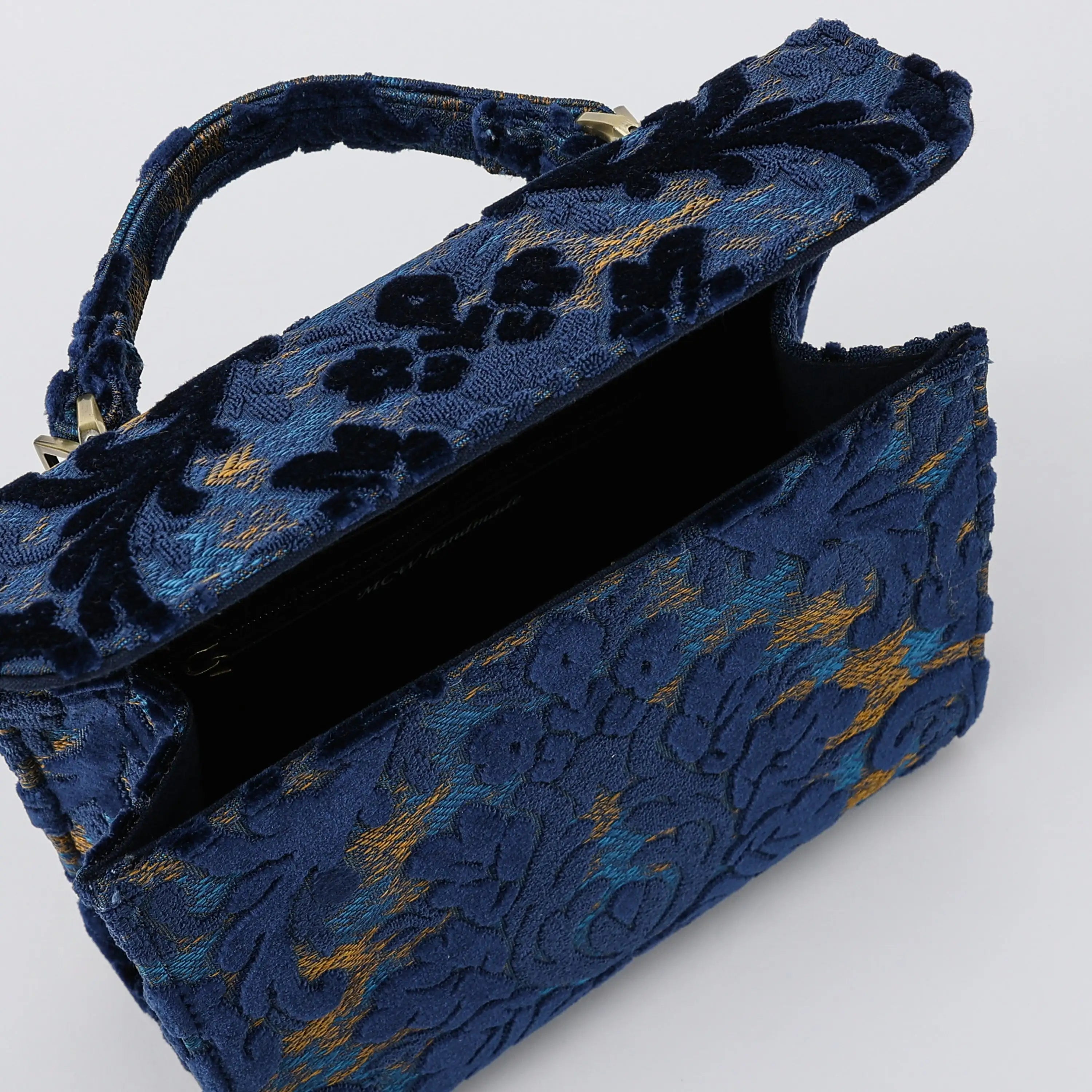 Burnout Velvet Navy Flap Satchel Carpetbag of America opening
