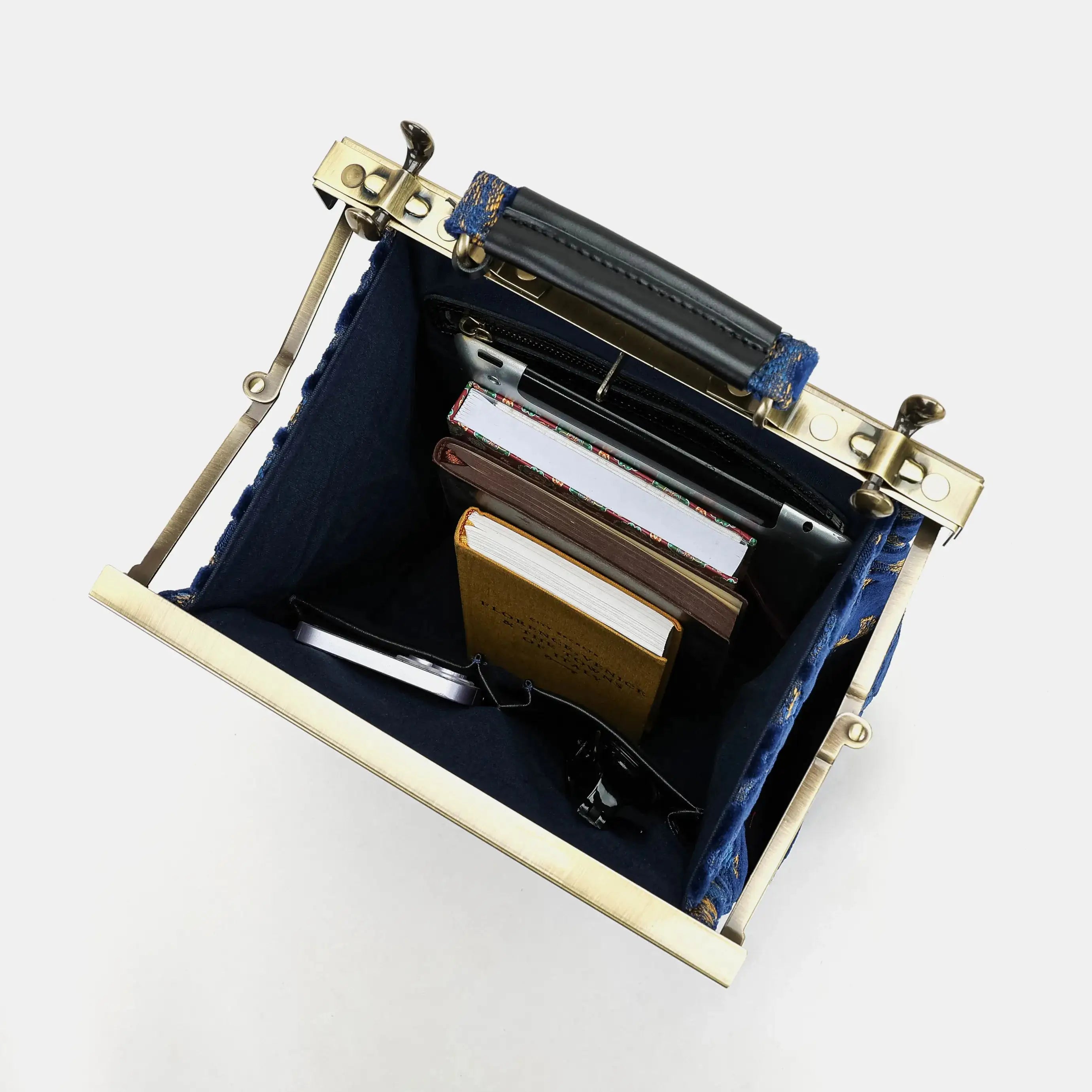 Burnout velvet Navy Helena Carpet Gladstone Backpack of America in use