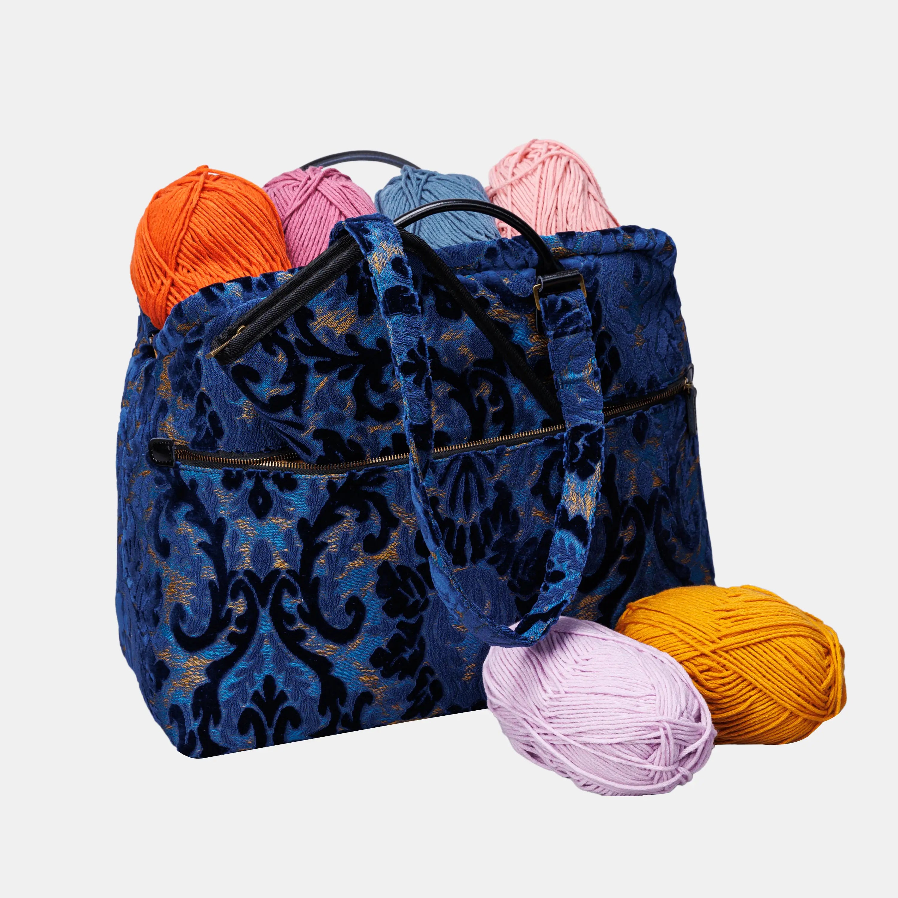 Burnout Velvet Navy Knitting Project Bag  of America-with needle case